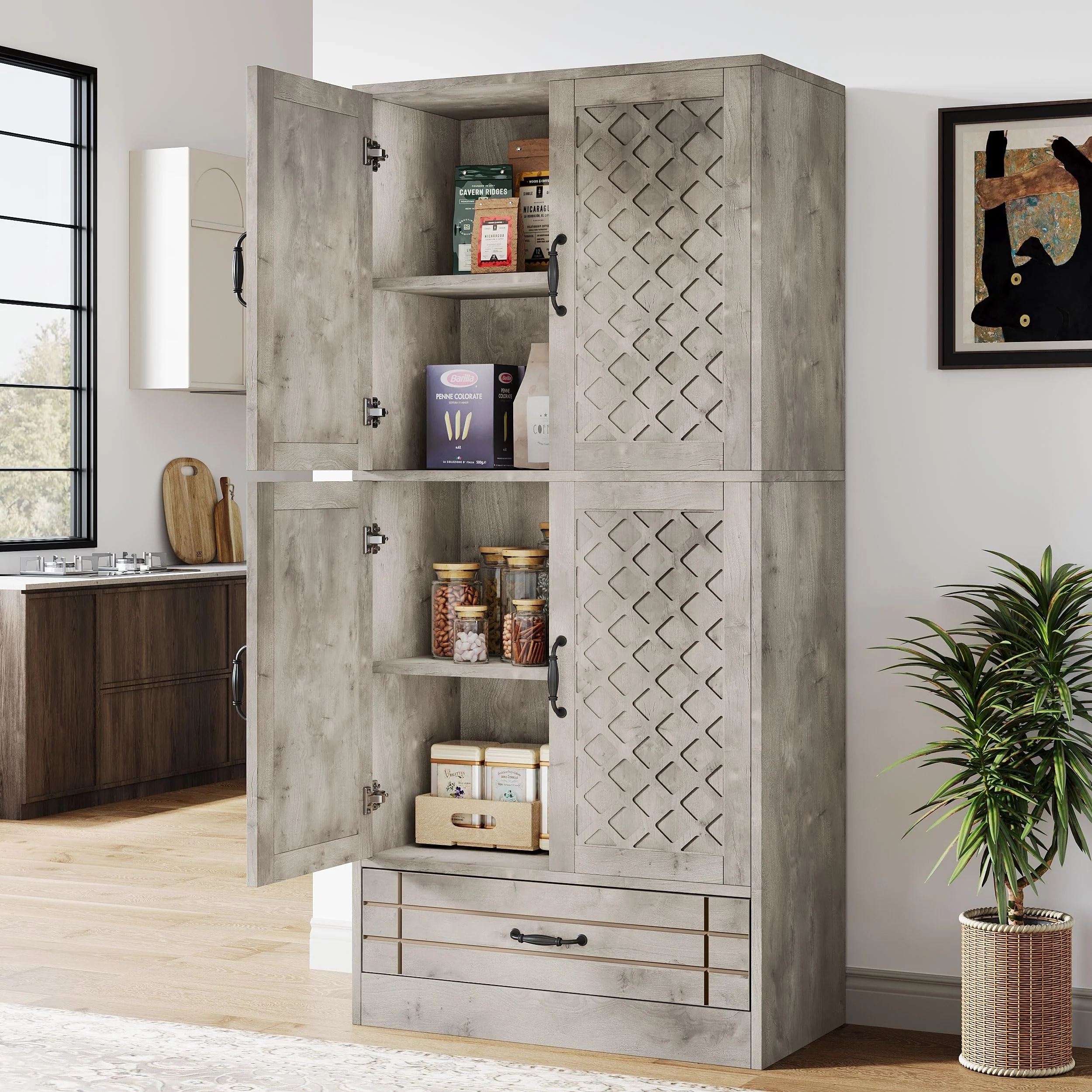70-Inch Kitchen Pantry Cabinet, Tall Bakers' Rack Kitchen Cabinet with Doors and Drawer - N/A