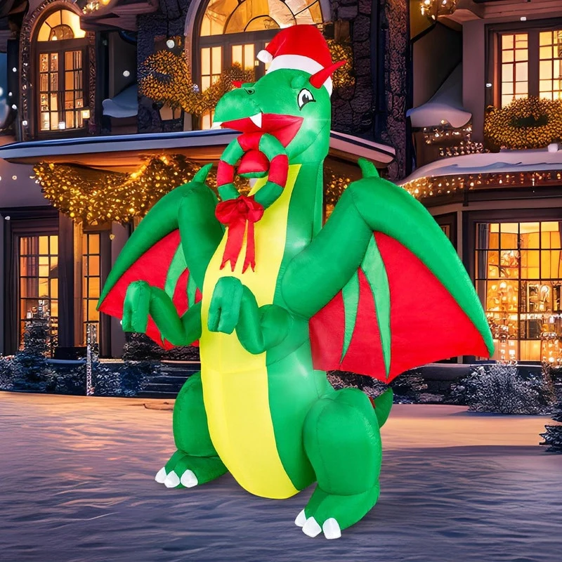 Joyfy 8 FT Christmas Dragon Inflatable, Realistic Green Dragon Christmas Inflatable with Built-in LEDs Blow Up Inflatables