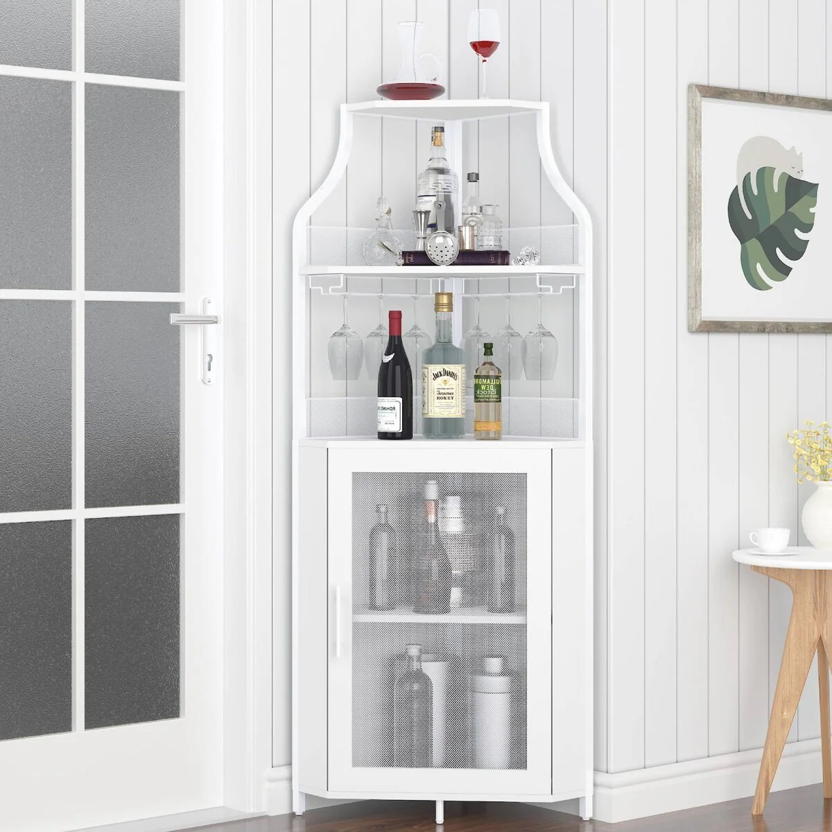 White Corner Wine Cabinet with Detachable Wine Rack - N/A