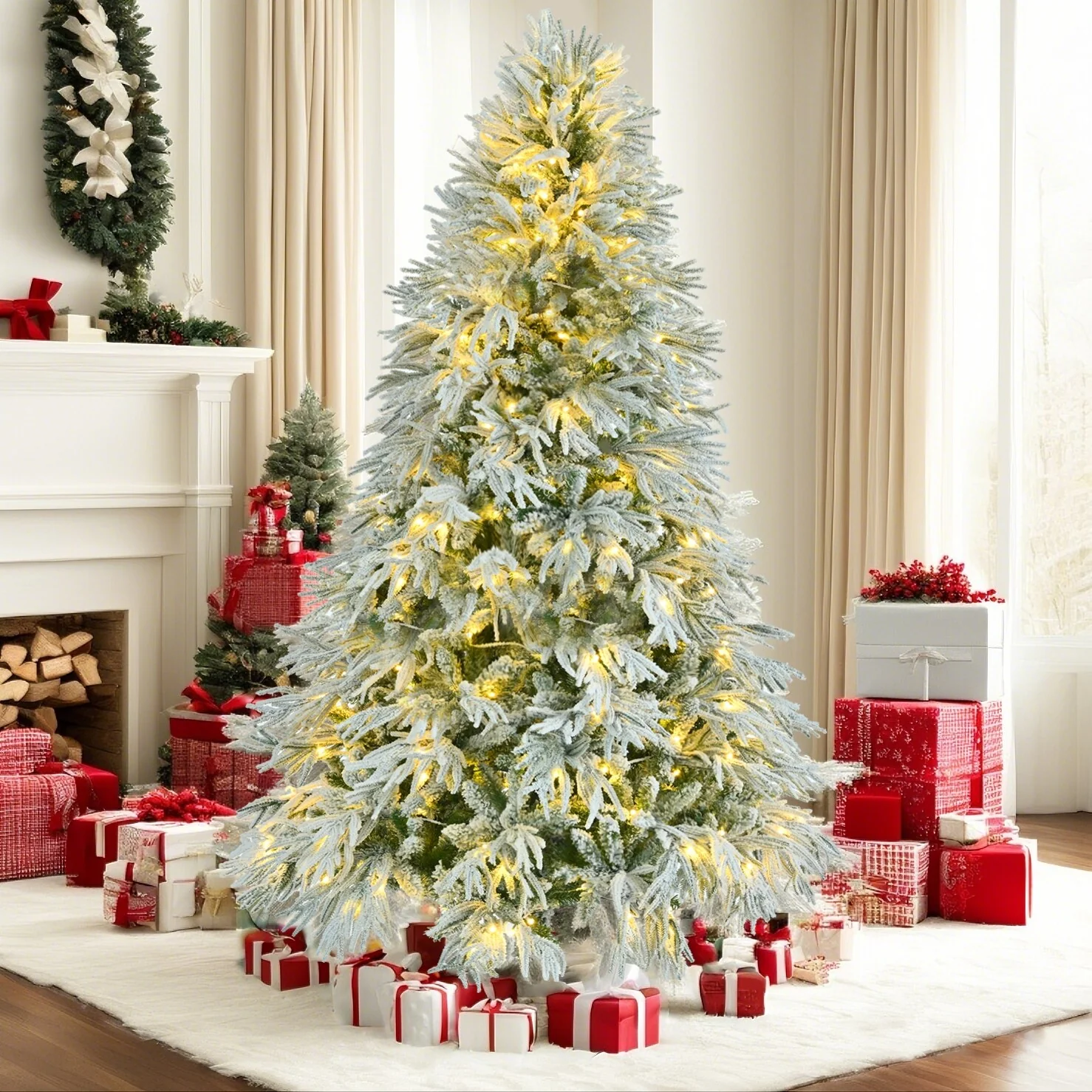 6FT Artificial Snow Flocked Christmas Tree with 300 Multi-Color LED Lights, Hinged Design & 8 Flashing Modes