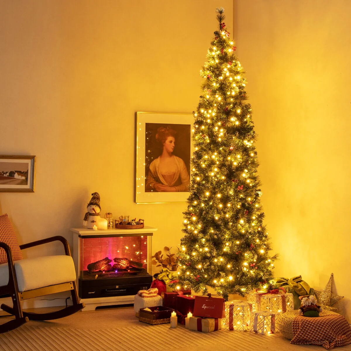 8 FT Pre-Lit Artificial Hinged Slim Pencil Christmas Tree