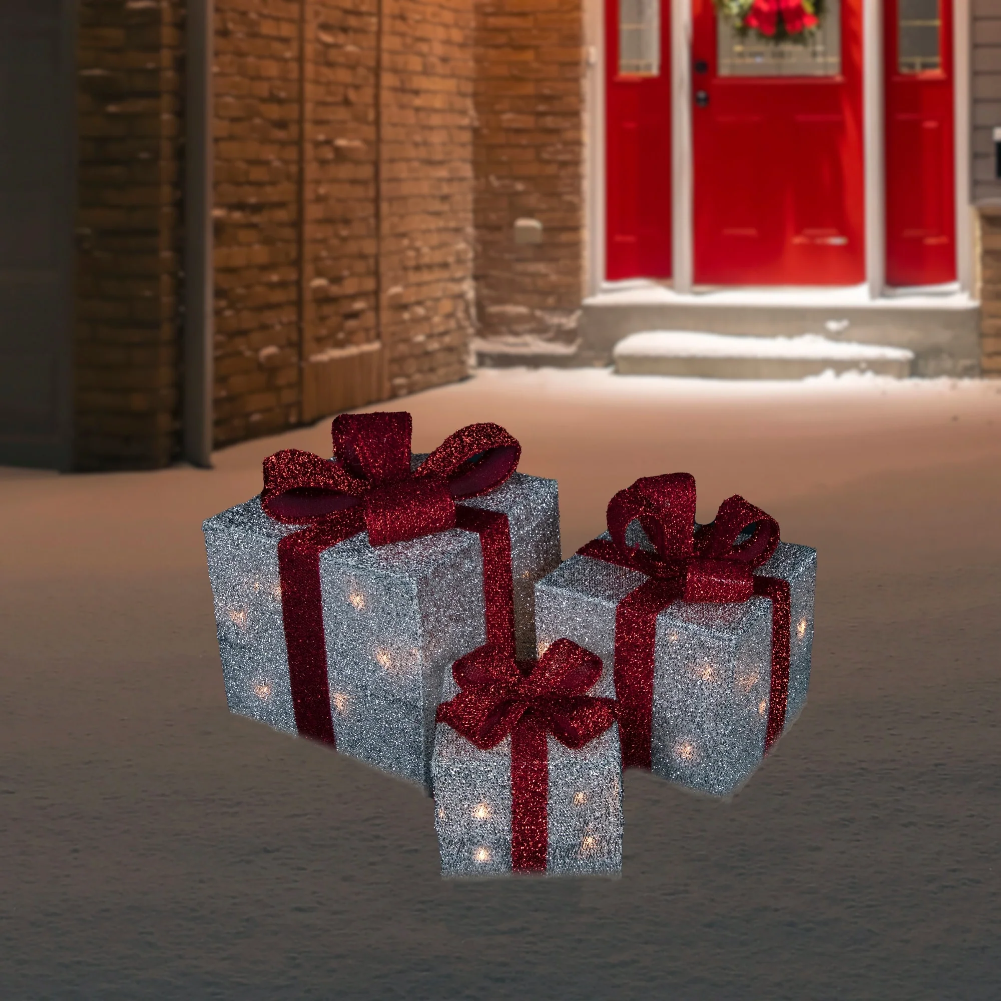 3 Silver Tinsel Lighted Gift Boxes Red Bows Christmas Decorations