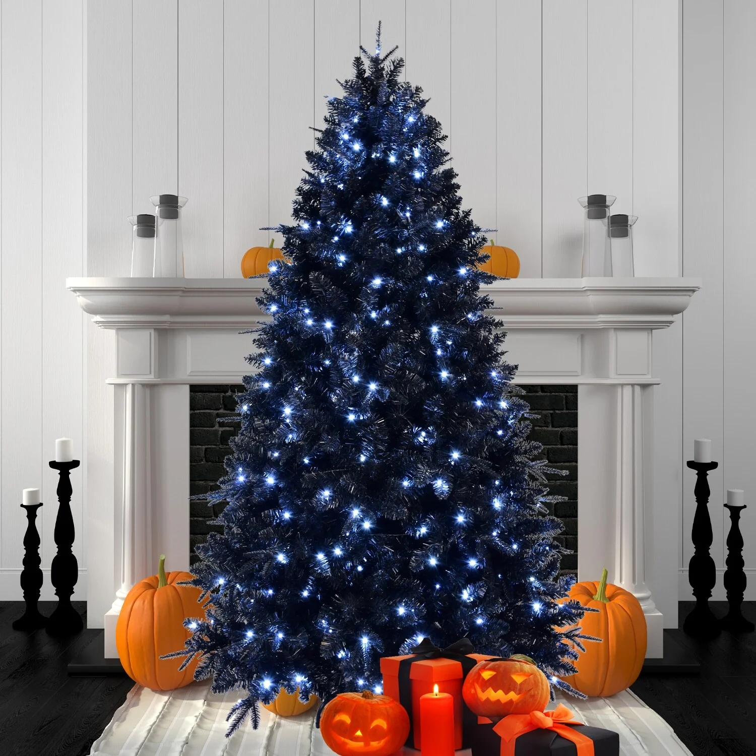 7.5ft Black Christmas Tree with 500 White LED Lights, 2156 Tips PE+PVC Artificial Tree for Halloween&Holiday Decor