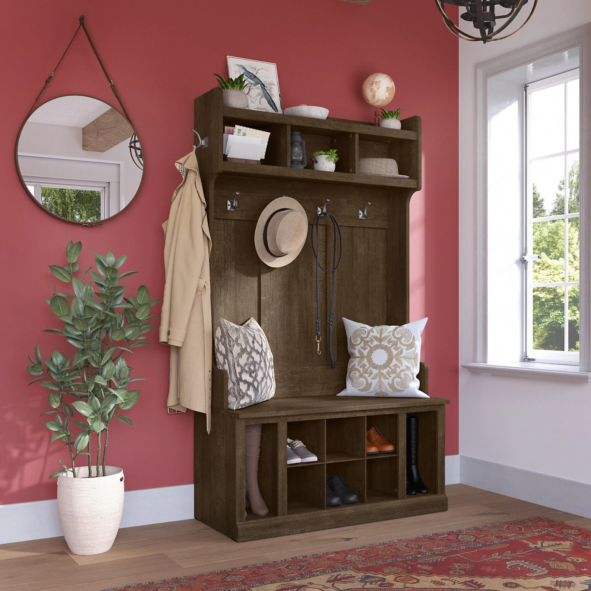 Woodland 40W Hall Tree and Shoe Bench with Shelves by Bush Furniture