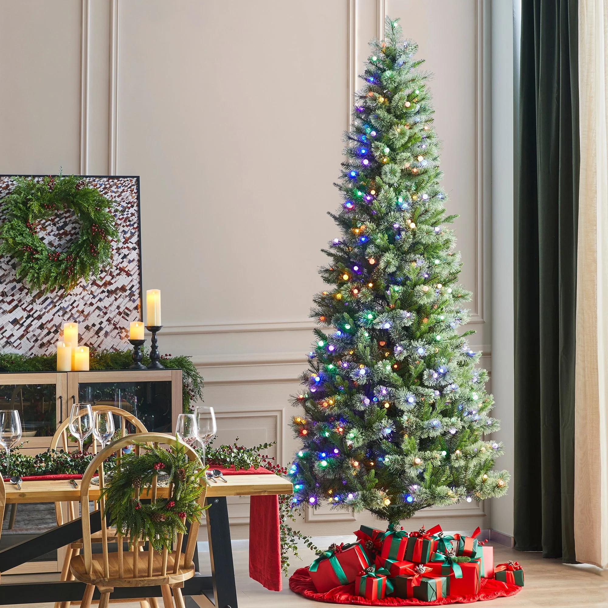 Glitzhome 7.5ft/9ft Pre-Lit Green Slim Pine Artificial Christmas Tree with Foot Pedal & Remote Control