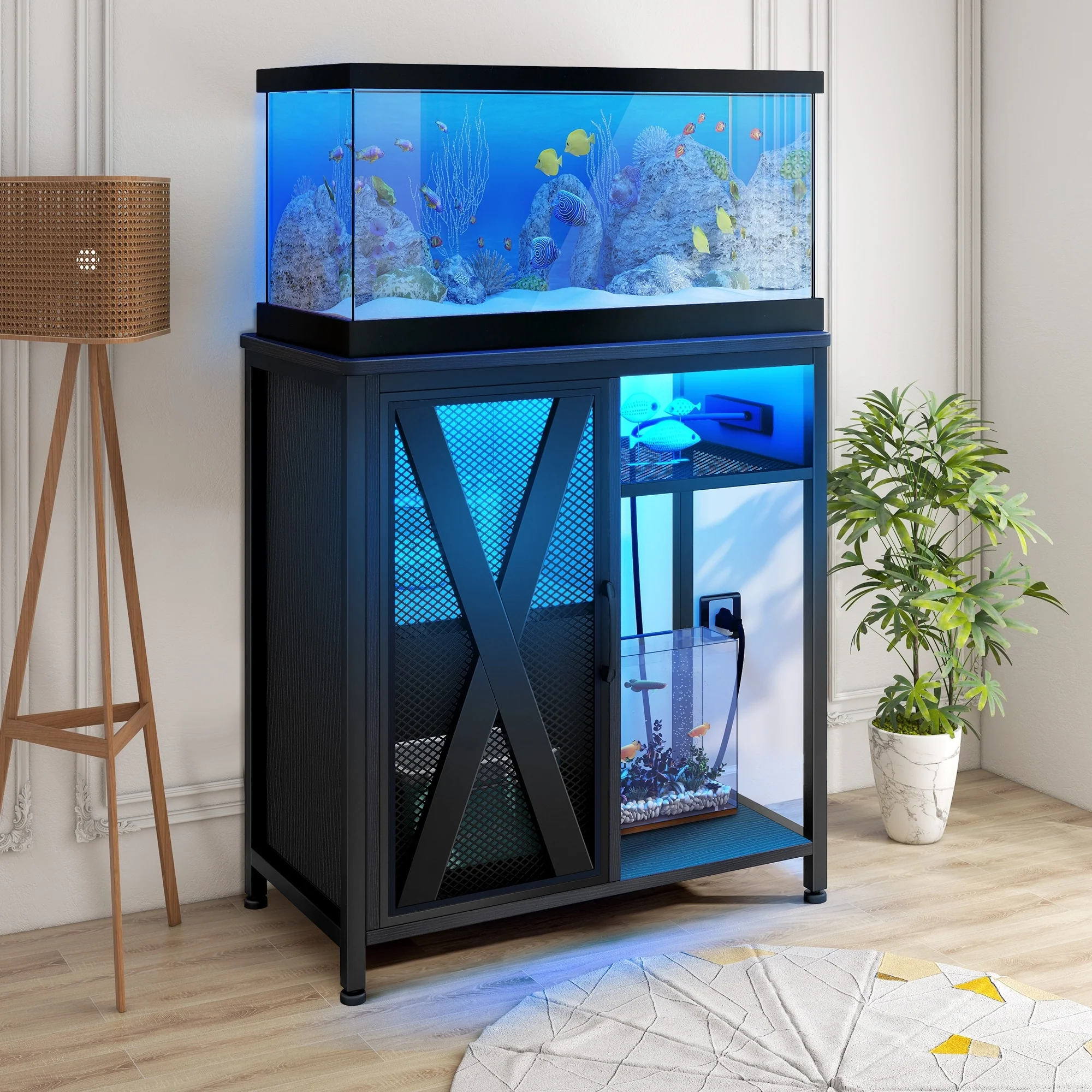 Moasis Aquarium Stand with Power Outlets and 7 Color RGB Light,Fish Tank Stand with Storage Cabinet