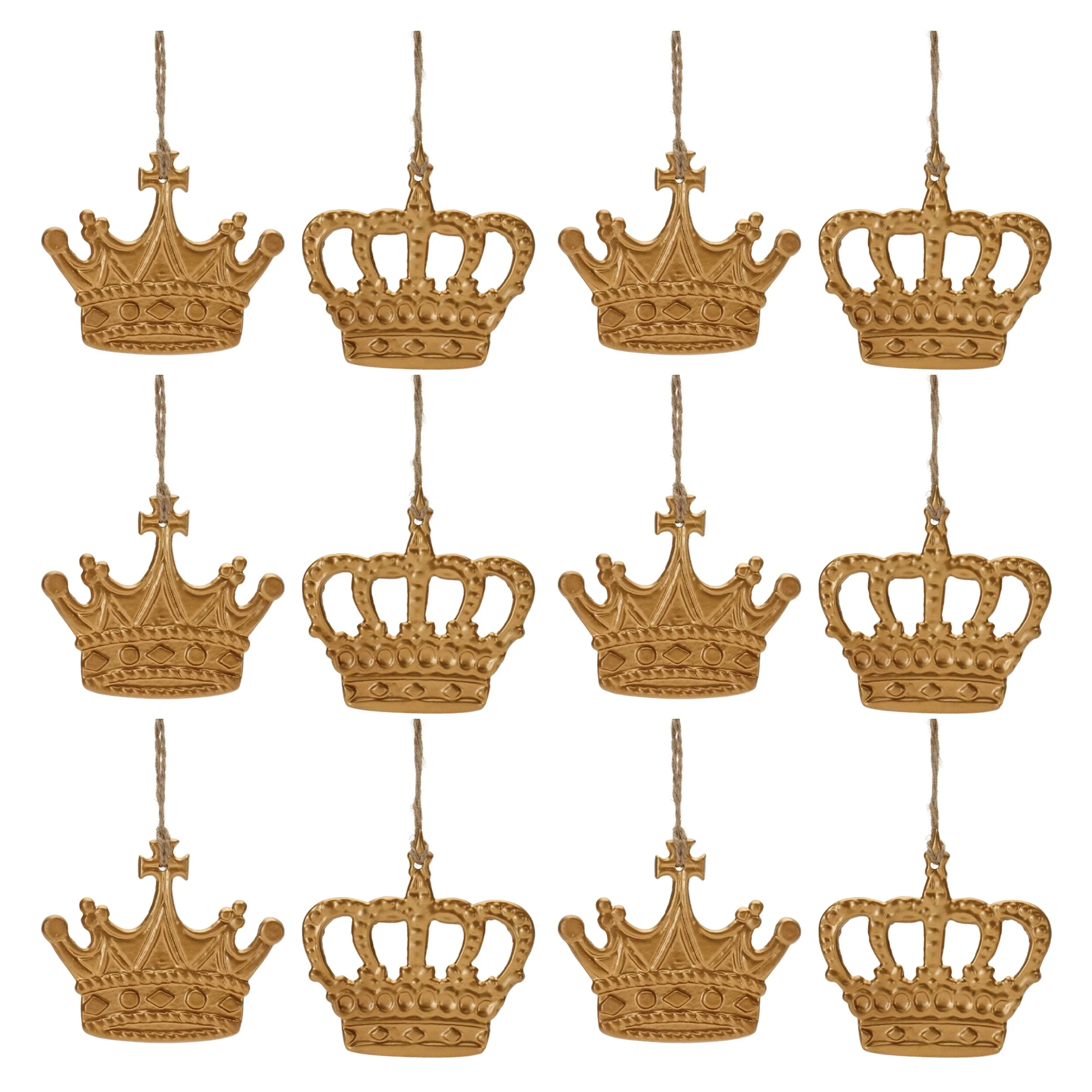 Set of 12 Gold Metal Crown Ornaments for Christmas Tree Holiday Decor - 3.5” x 0.25” x 3.5”