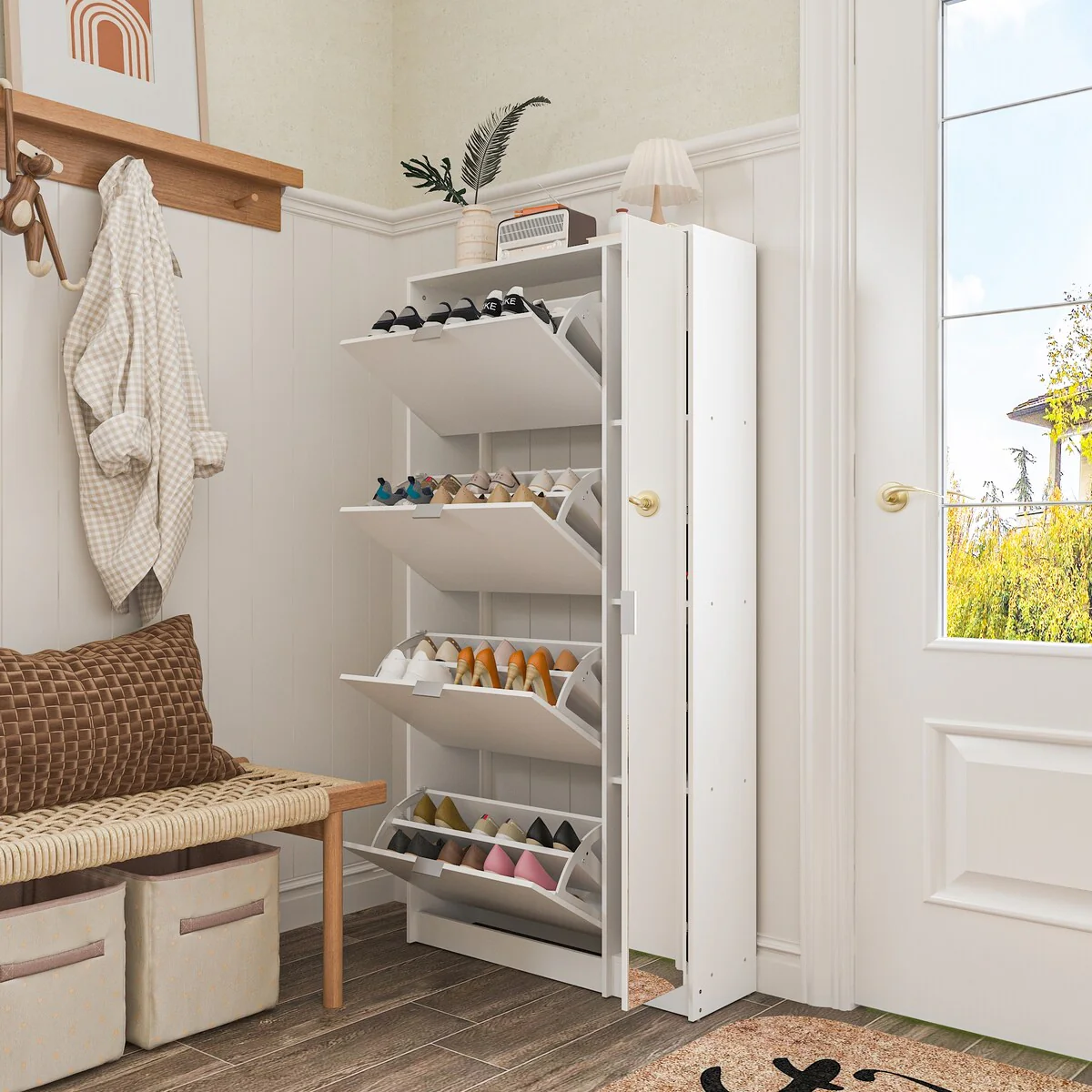 Shoe Organizer w/Mirror Elegant Space Enhancer Entryways Shoe Cabinet