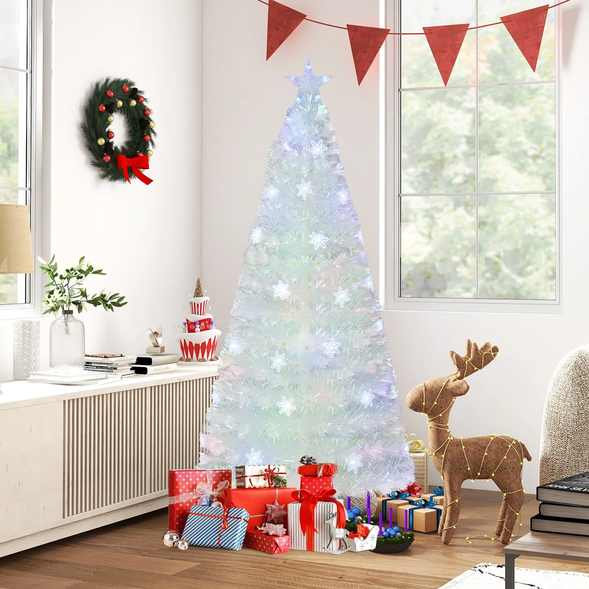 Gymax 5/6/7 FT Pre-Lit Fiber Optic Christmas Tree White Artificial