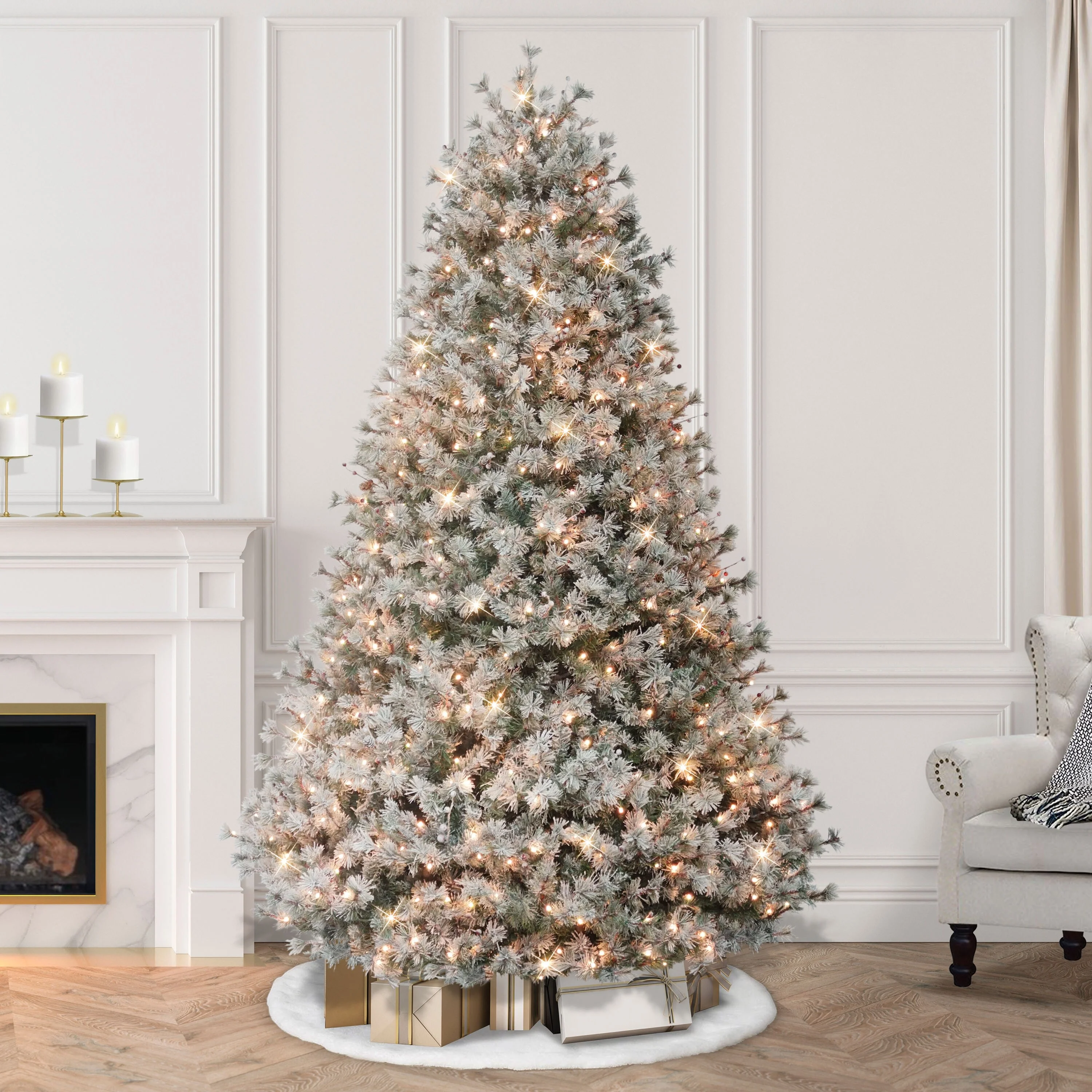 Puleo International 7.5' Pre-Lit Flocked Idaho Spruce Artificial Christmas Tree