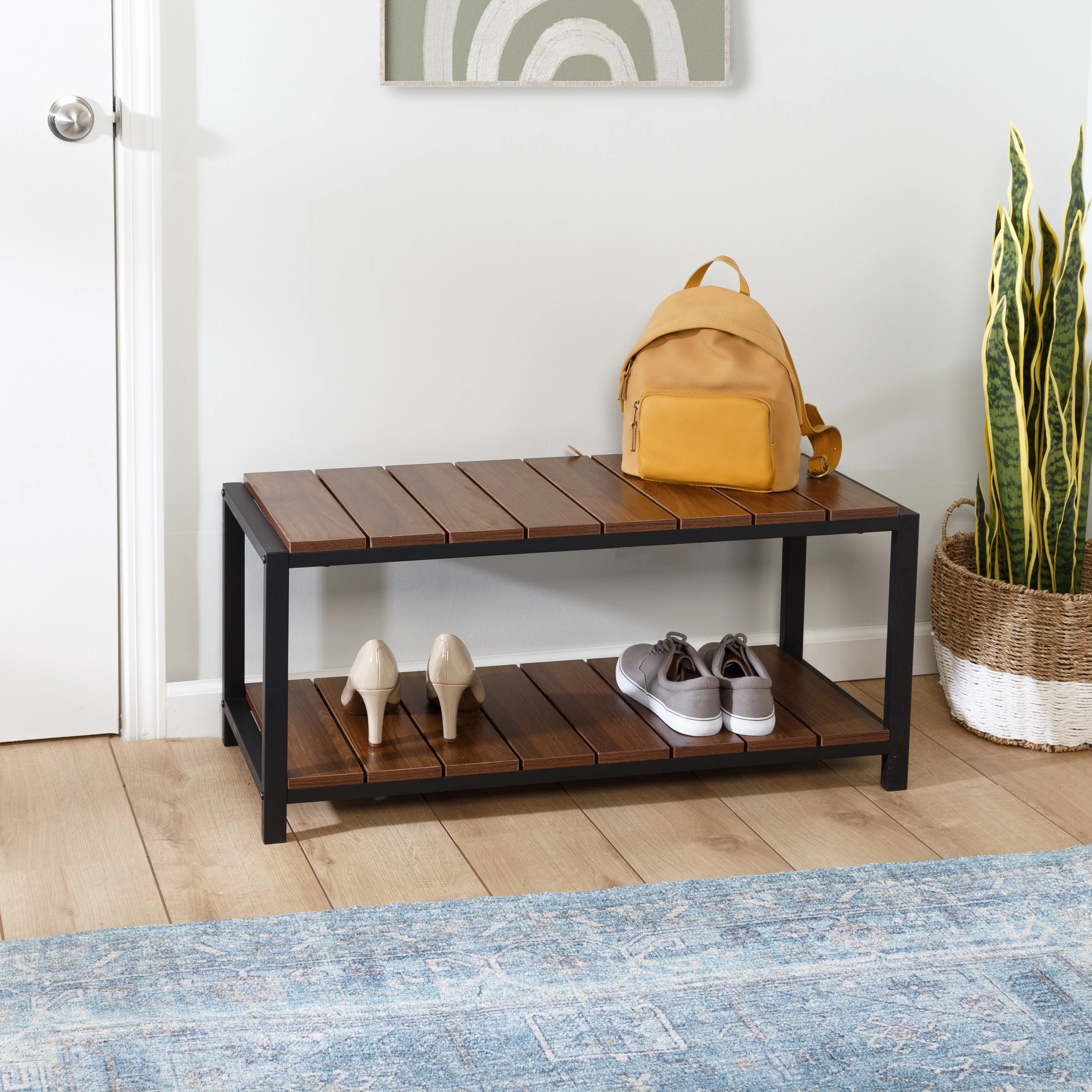 Honey-Can-Do Walnut/Black 2-Tier Entryway Shoe Bench