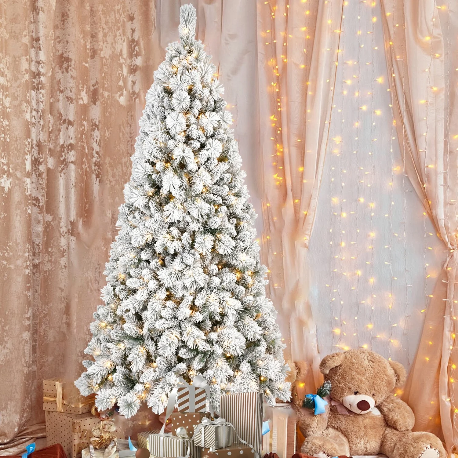 4FT Flocked Christmas Tree with 150 Warm White LED Lights-350Tips,Snowy PVC&Hard Needle Branches,Hinged Design for Easy Setup