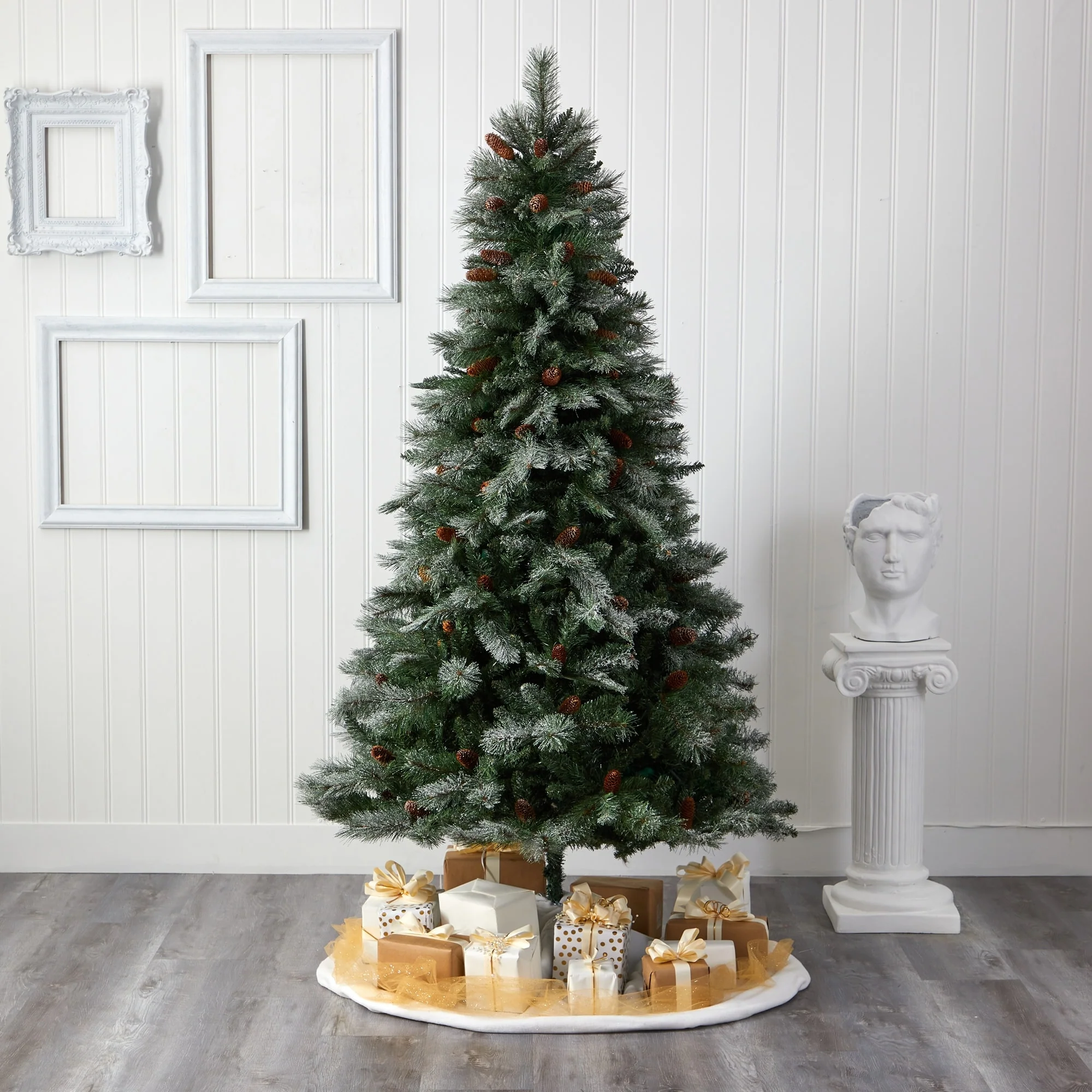 7’ Snowed French Pine Artificial Christmas Tree with Pinecones, Unlit - 7 Foot