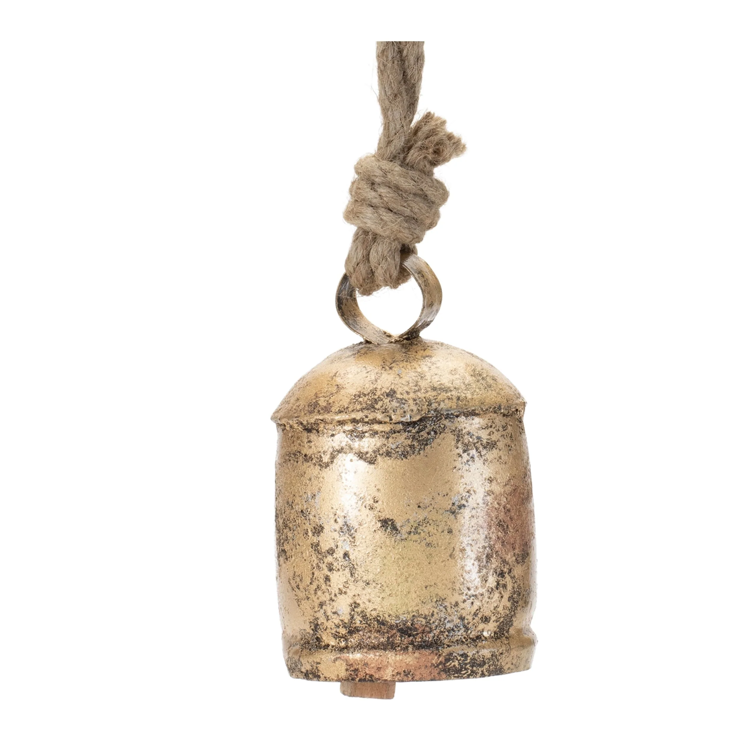 Set of 8 Gold Metal Bell Ornaments with Jute Rope for Rustic Christmas Tree Hanging Decorations - 3.75”L x 3.75”W x 4.5”H
