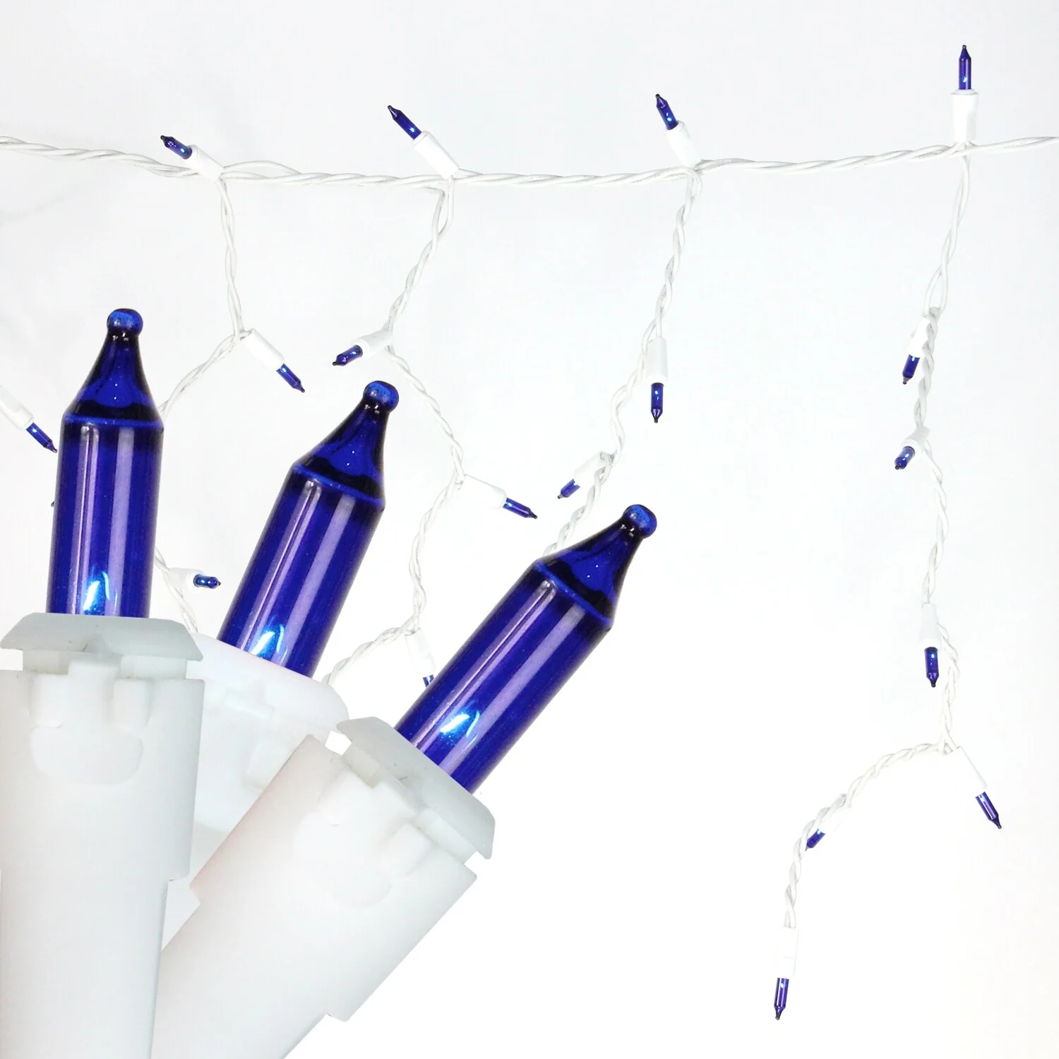 50 Blue Mini Window Curtain Icicle Christmas Lights 2.6 ft White Wire