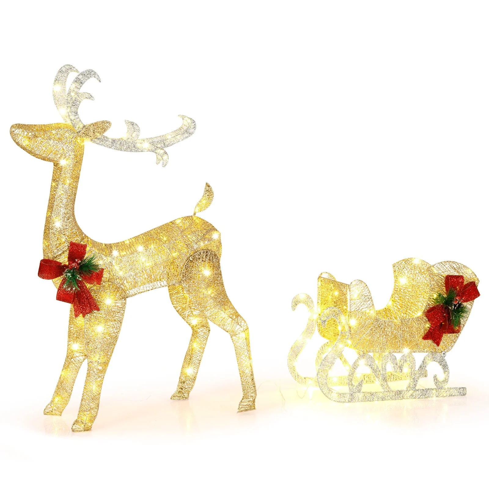 Costway Lighted Christmas Reindeer & Sleigh, Outdoor & Indoor - See Details