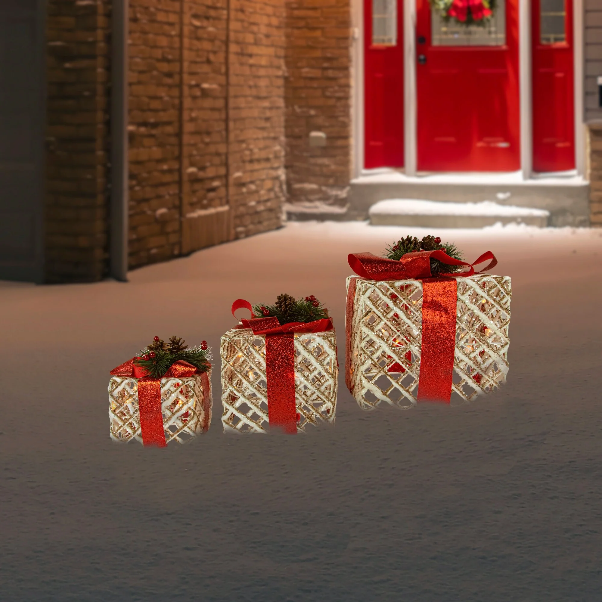 Set of 3 Lighted White Rope Gift Box Christmas Decorations 9.75