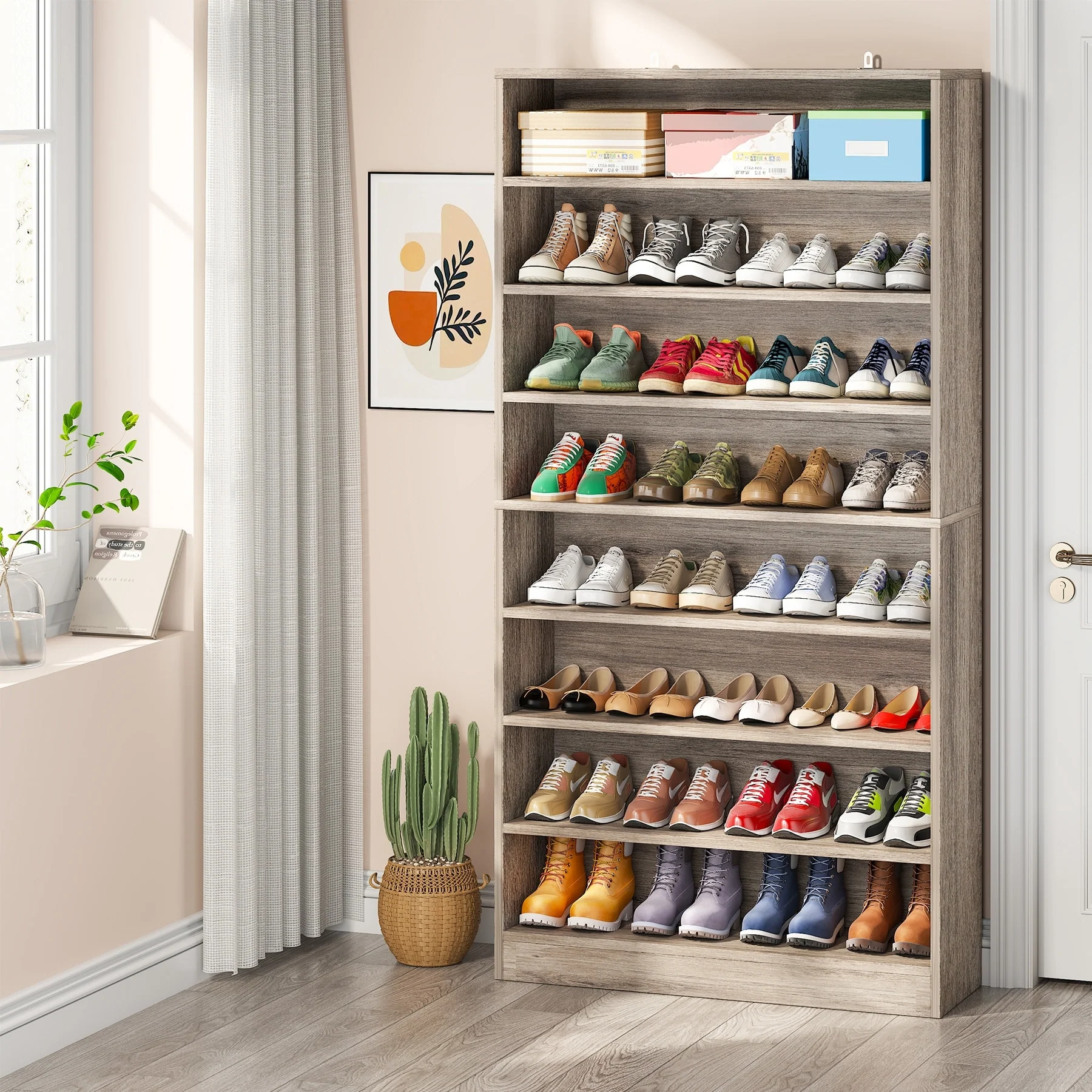9 Tiers 40-45 Pairs Heavy Duty Wood Freestanding Shoe Storage Cabinet