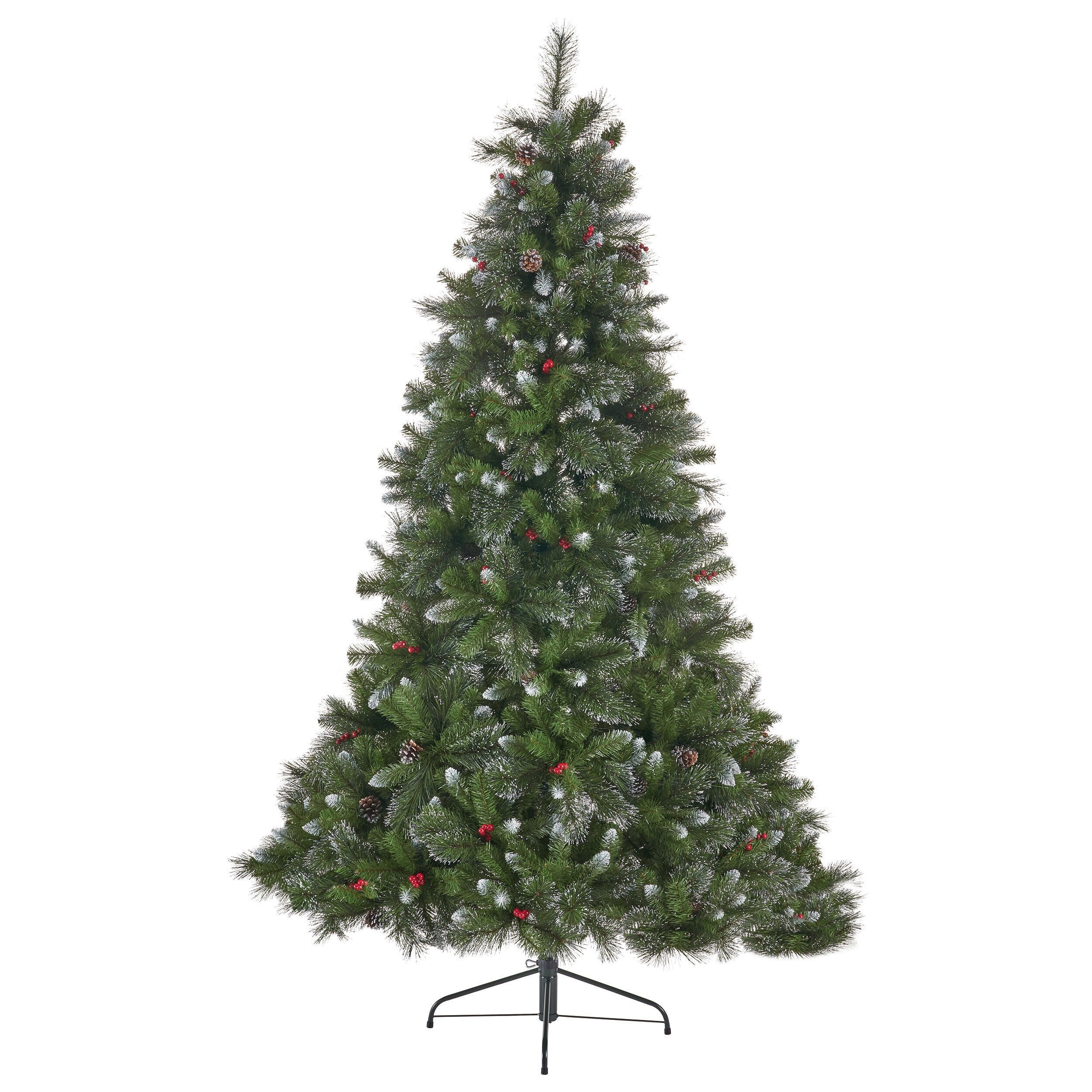 9-Foot Unlit Artificial Christmas Tree, Glitter Bristle with Pine Cones & Red Berries, Metal Stand Included