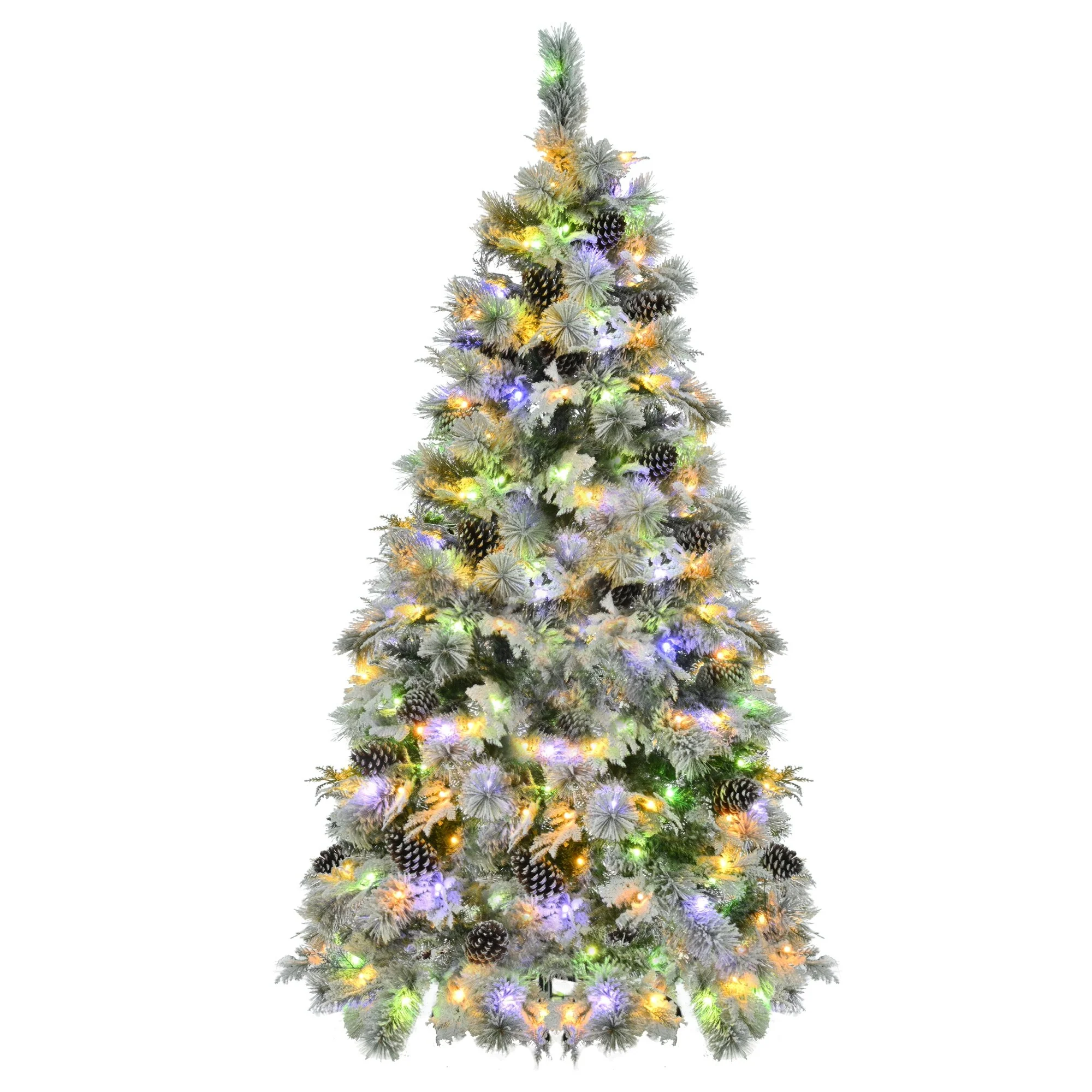 6FT Pre-Lit Spruce Snow Flocked Christmas Tree with Pine Cones,403 Branch Tips,250 Multi-Color LED Lights,11 Flashing Modes