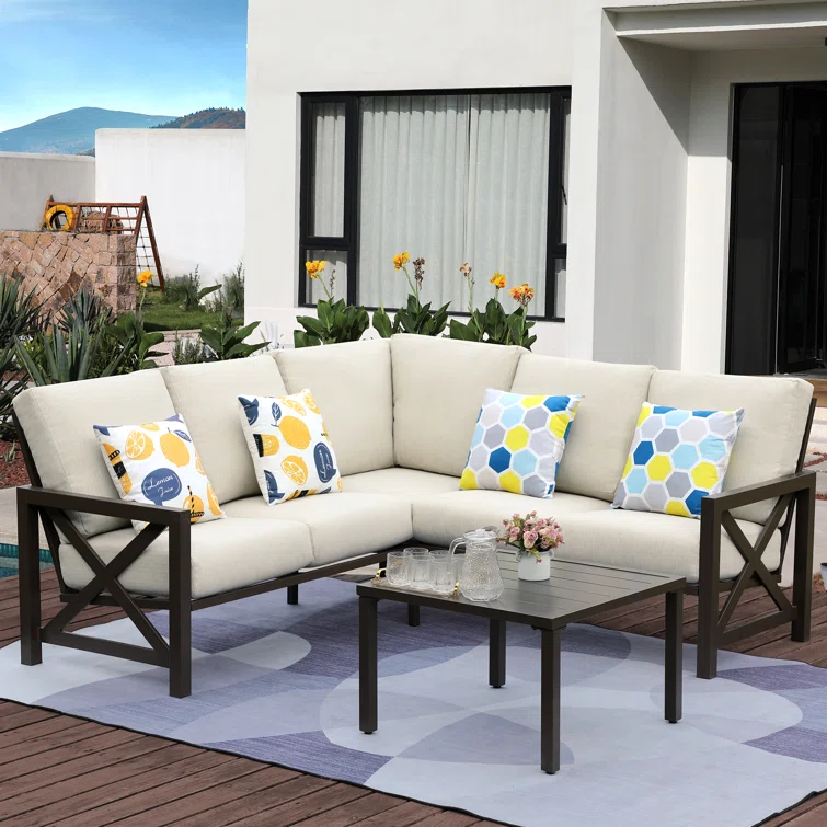 Nolensville Outdoor L-Shape Patio Conversation Metal 5 - Person Seat Group with Thick Cushion