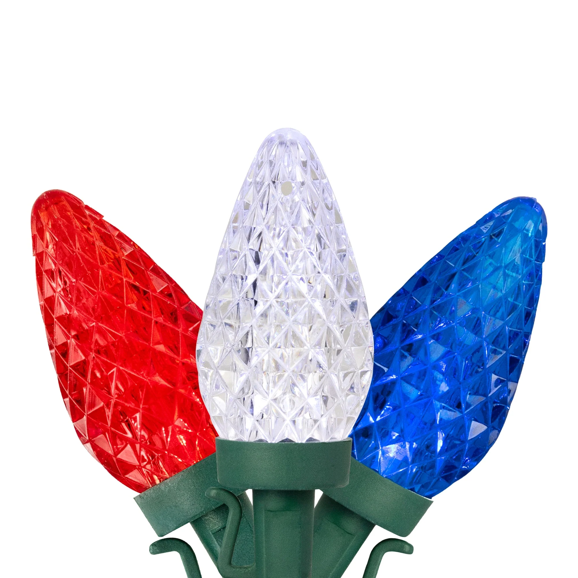 Patriotic LED C9 Faceted Christmas Lights - Red, White and Blue - 66' Green Wire - 100ct