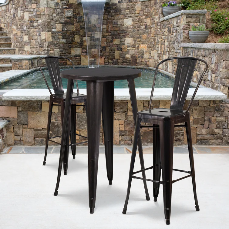 Genece 30'' Round Metal Indoor-Outdoor Bar Table Set with 2 Cafe Stools