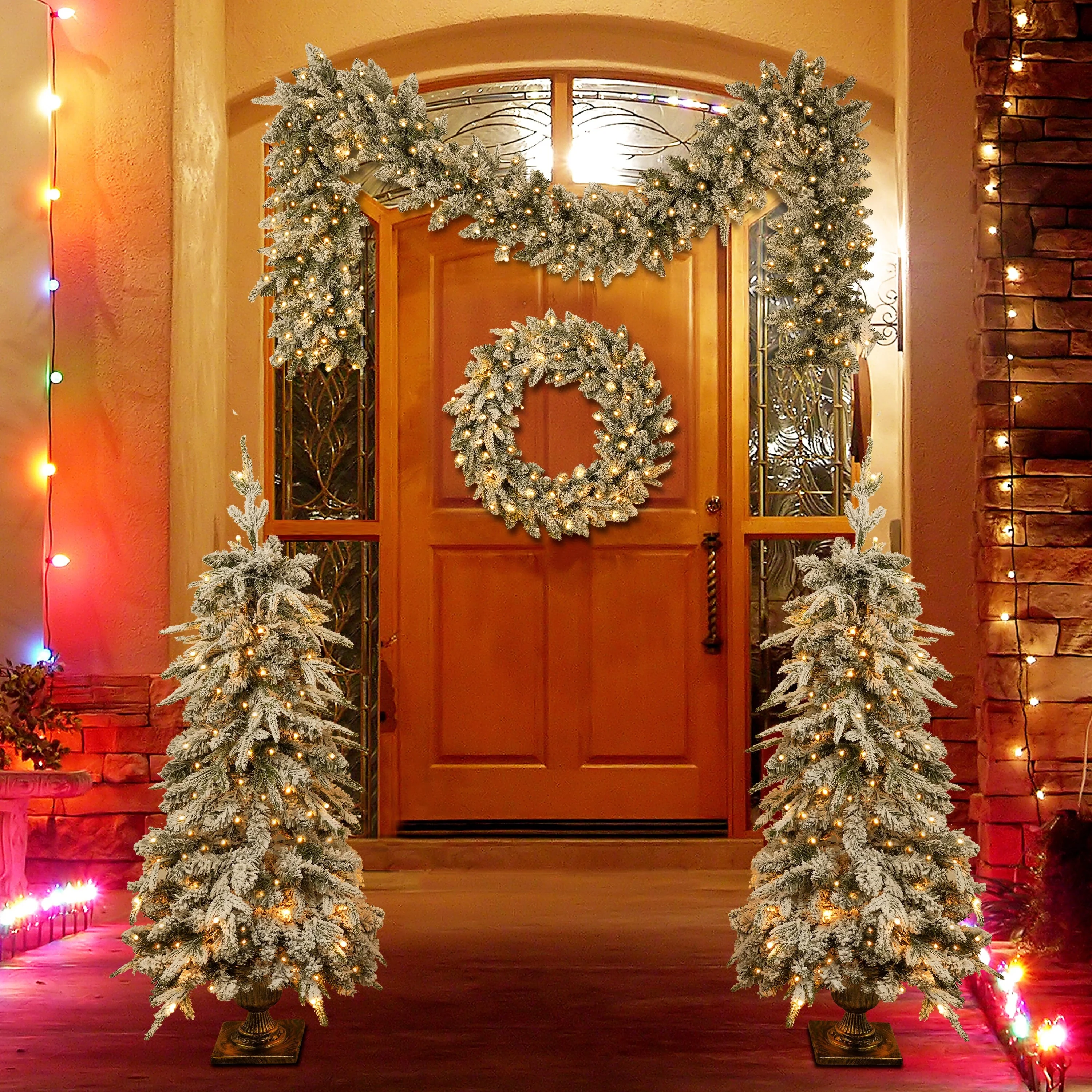 4-Piece Pre-lit Artificial Christmas Tree Set with Warm White LED Lights, Wreath, Garland & 2 Entrance Trees for Festive