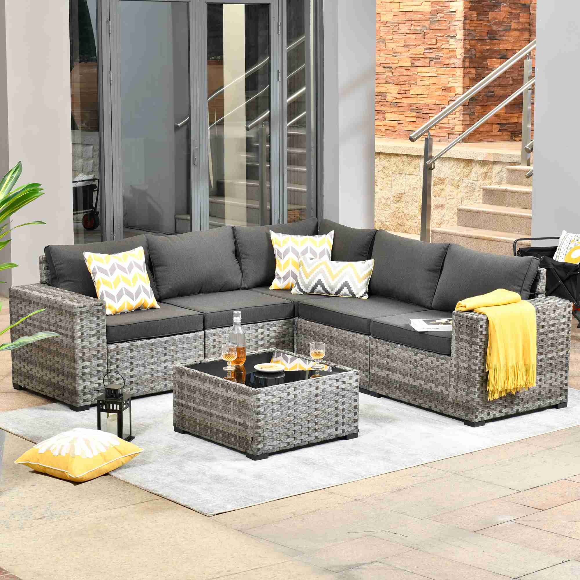 Ovios 6 Pieces Outdoor Sectional Sofa with 7.68'' Broad Handrails