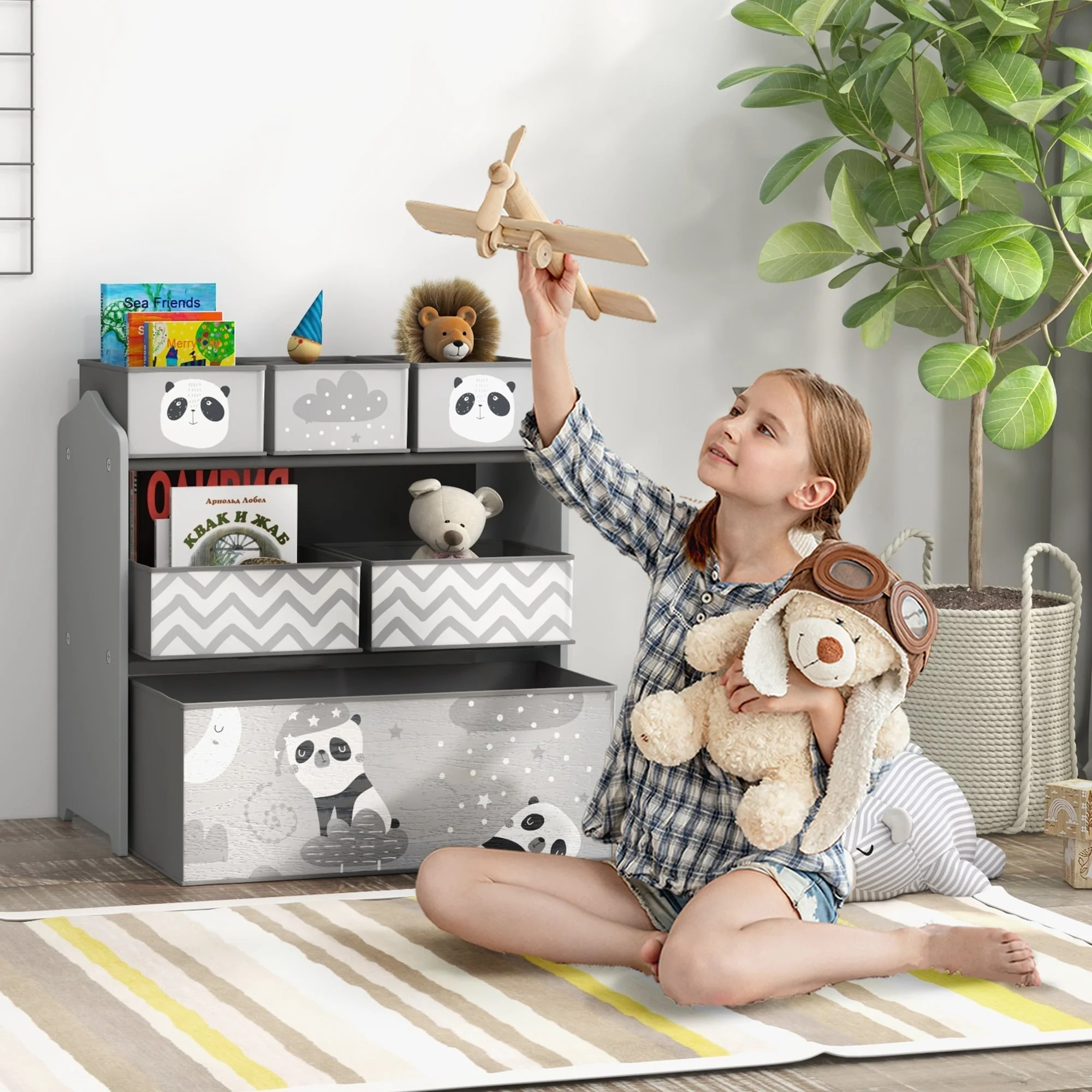 Qaba Toy Organizer with 6 Storage Bins, Kids Storage Unit for Bedroom, Kids Room, 25