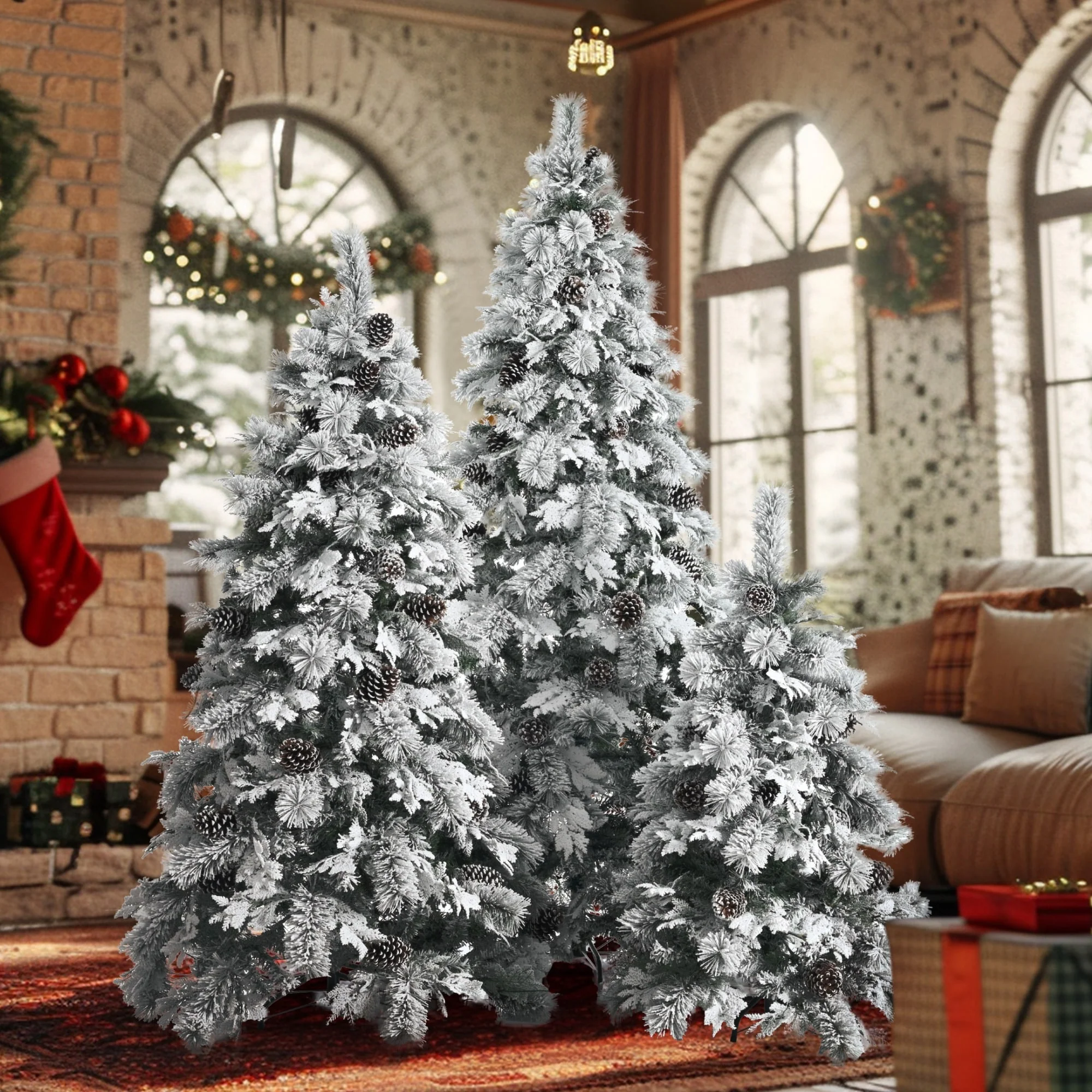 3-Piece Snow Flocked Christmas Tree Set of 3 Pre-Lit with LED Lights and 11 Flashing Modes, for Party Holiday Home Decor