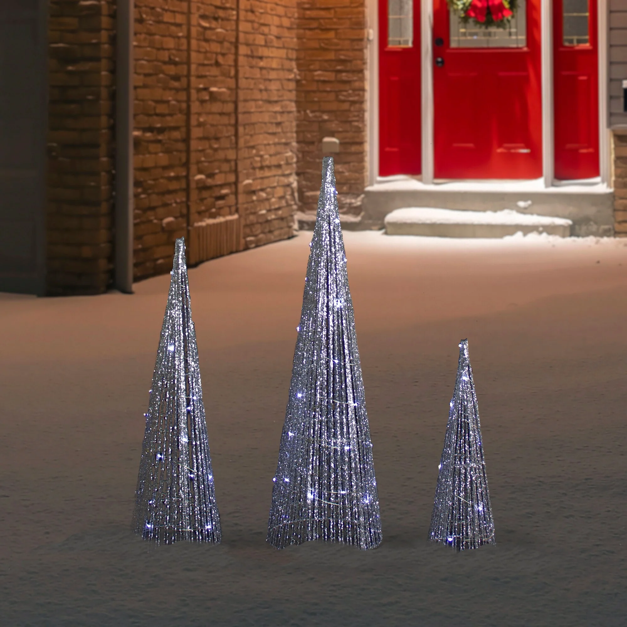 3 LED Silver Glitter Cone Tree Outdoor Christmas Decorations 23.5