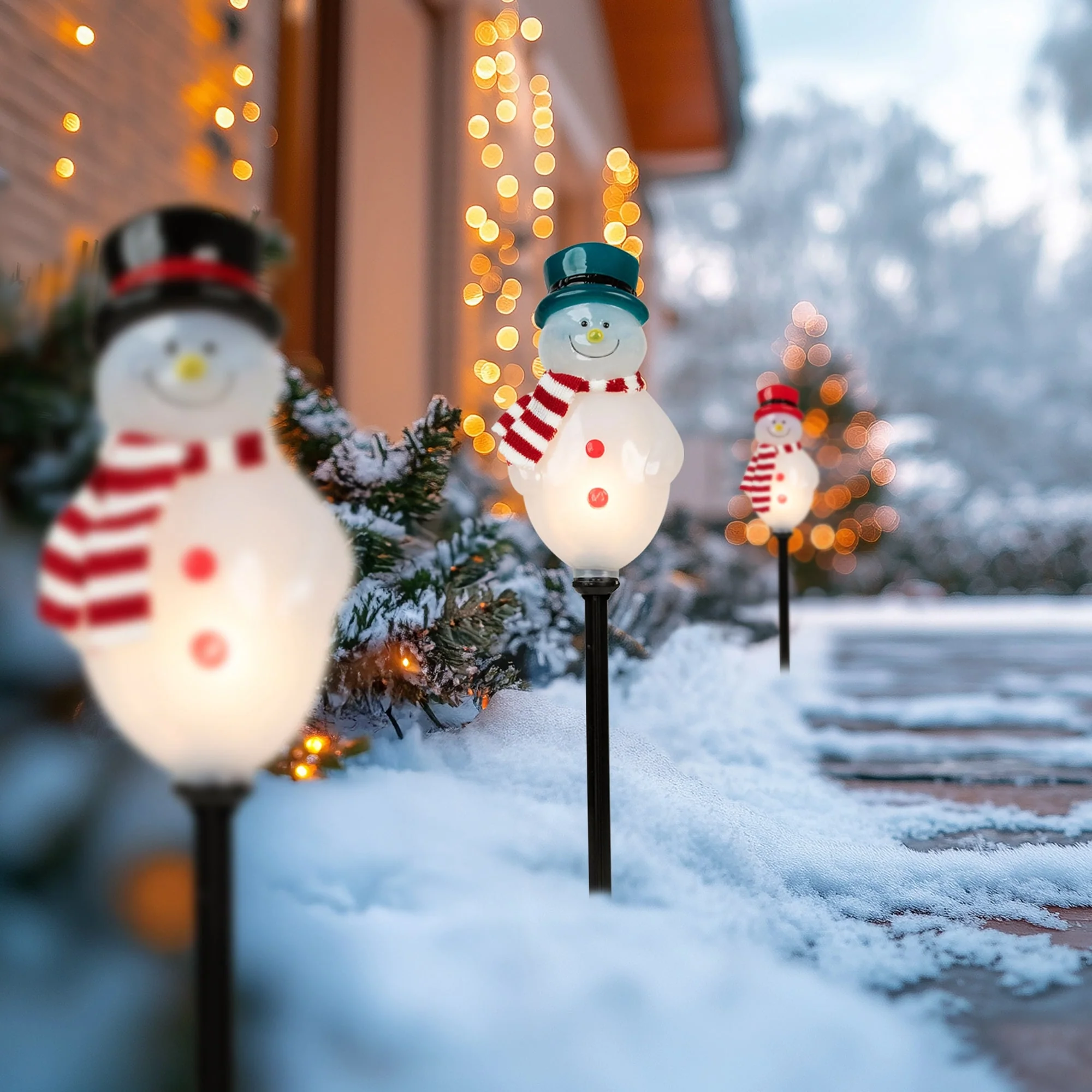 Lighted Snowmen Christmas Pathway Markers - Clear Lights - 4.5' White Wire - 3ct