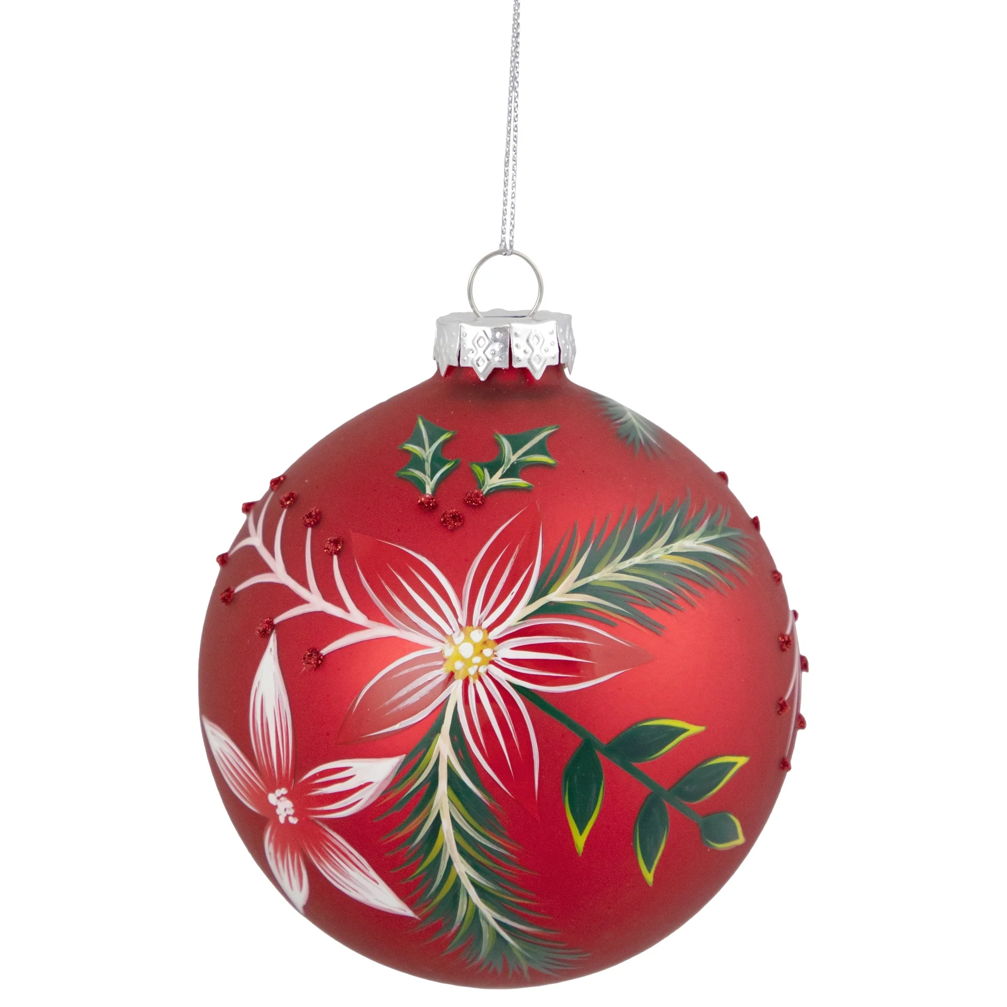 Poinsettia and Holly Glass Christmas Ball Ornament - 4