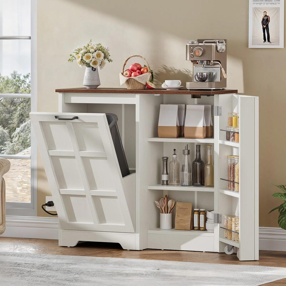 Moasis Kitchen Tilt Out Trash Cabinet Fits 13 Gallon Cabinet Trash Can with Outlet and Adjustable Shelves