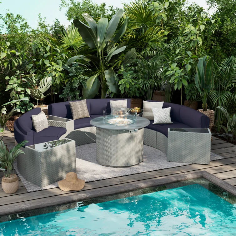 Meredithe Half-Moon 6 - Person Fully Assembled Curved Patio Conversation Set With Fire Pit Table & Side Table