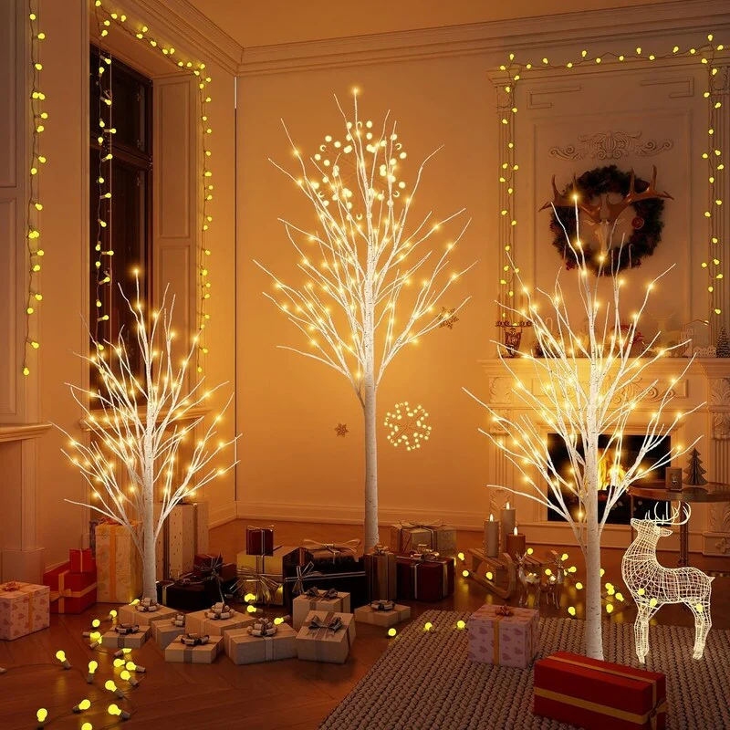 Set of 3 Lighted Birch Tree 4FT 5FT and 6FT, LED Artificial Tree with Warm LED Lights for Yard, Garden, Home, Party