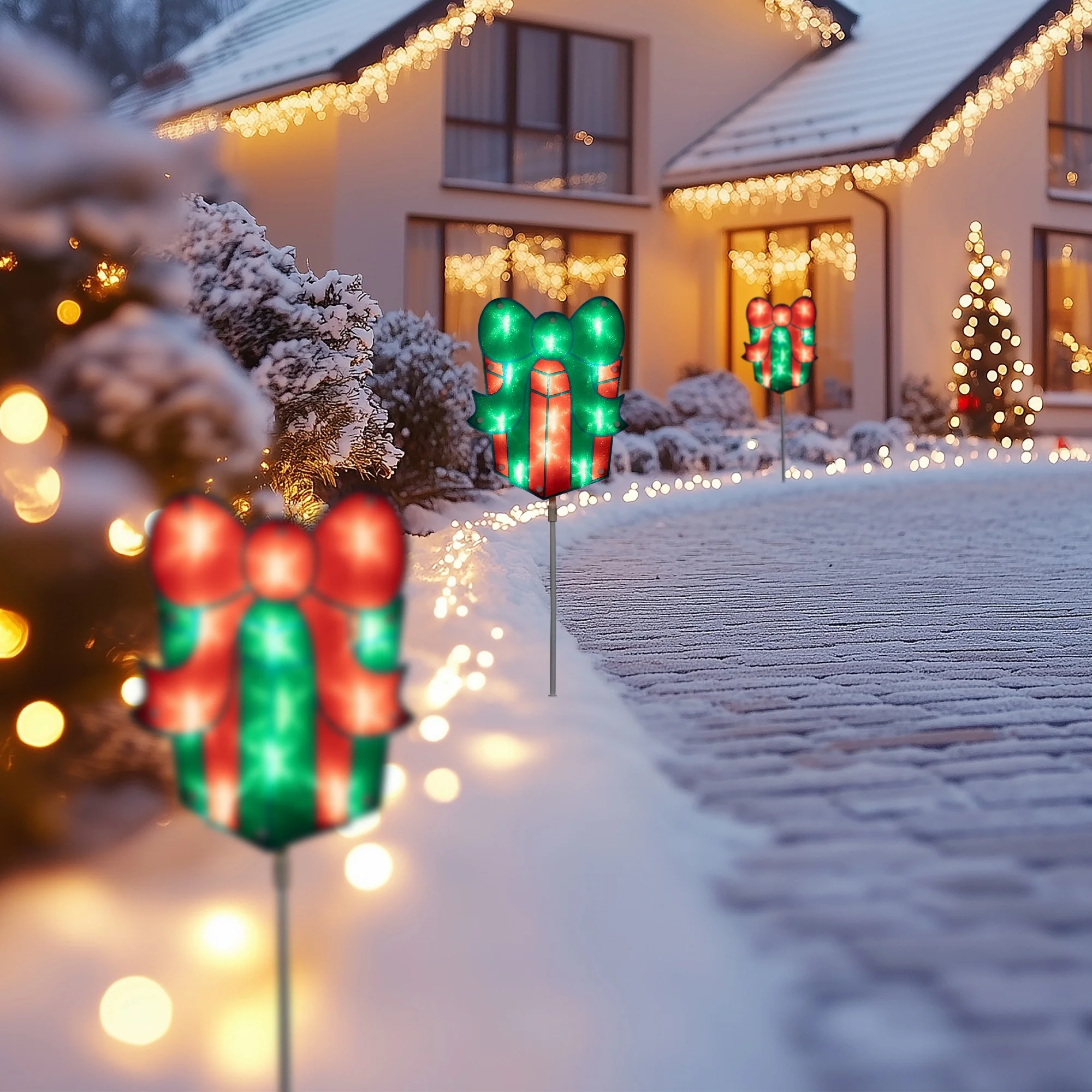 Lighted Holographic Gift Box Christmas Pathway Markers - Clear Lights - 4.75' White Wire - 3ct - Red