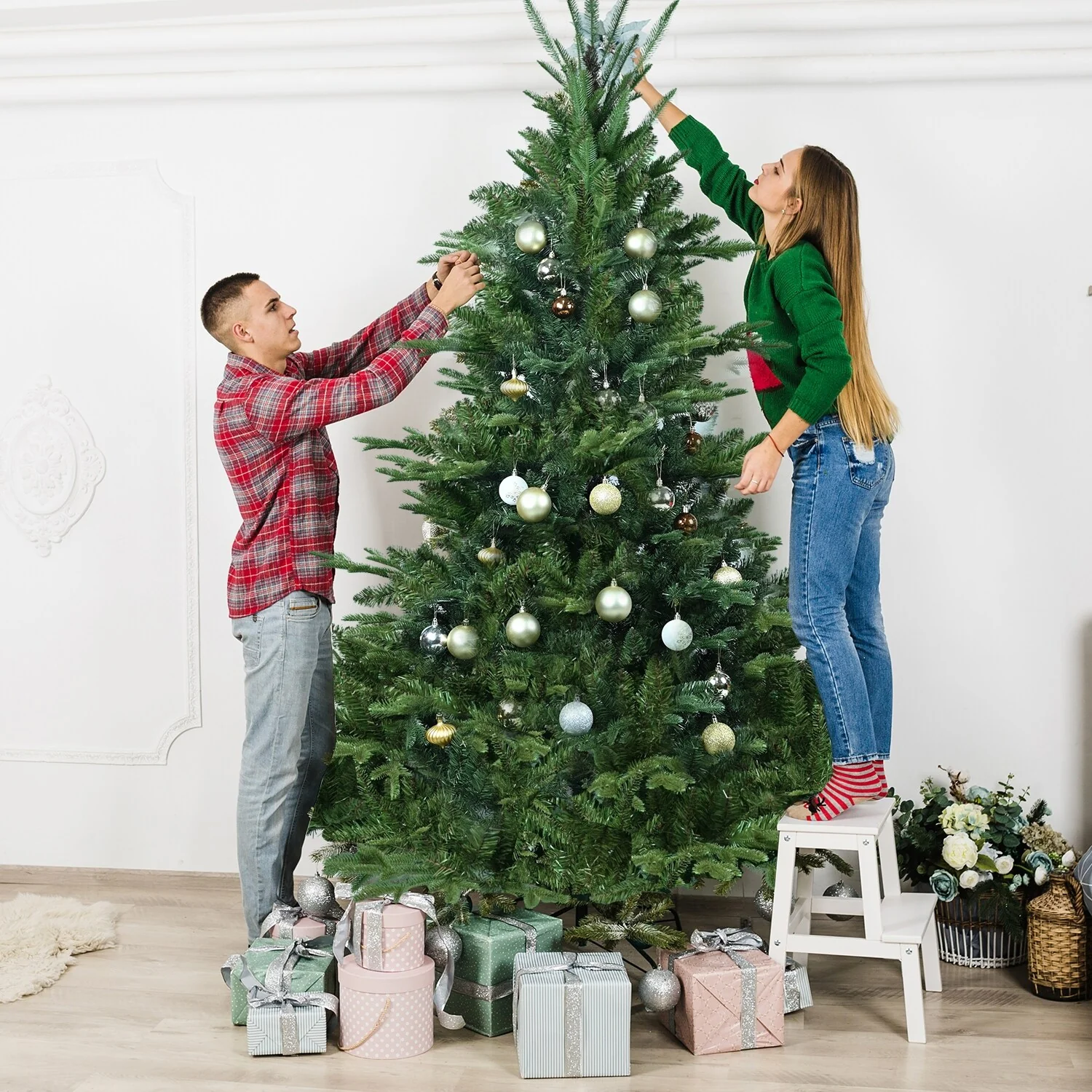 8-9ft Artificial Christmas Tree with Realistic PE/PVC Needles, Easy 4-Part Assembly, and Stable Metal Stand