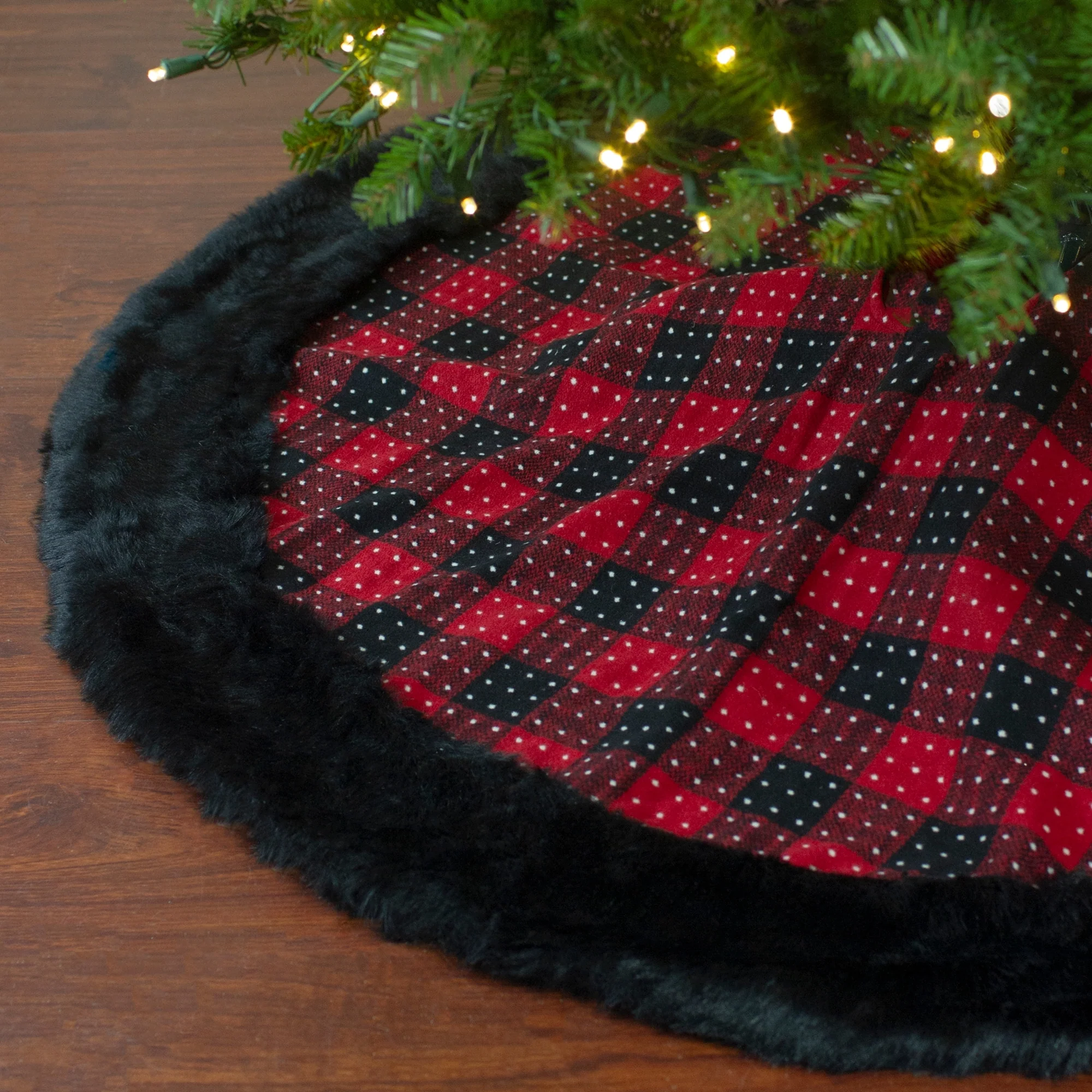 Buffalo Plaid with Polka Dots and Faux Fur Border Christmas Tree Skirt - Black and Red - 48