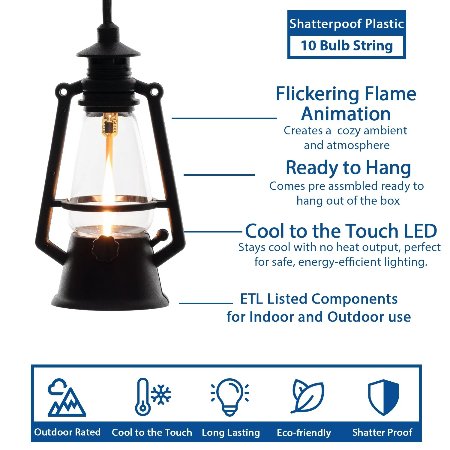 Novelty Lights ST38 LED Outdoor Flicker Flame Oil Lamp String Lights, 10 Light