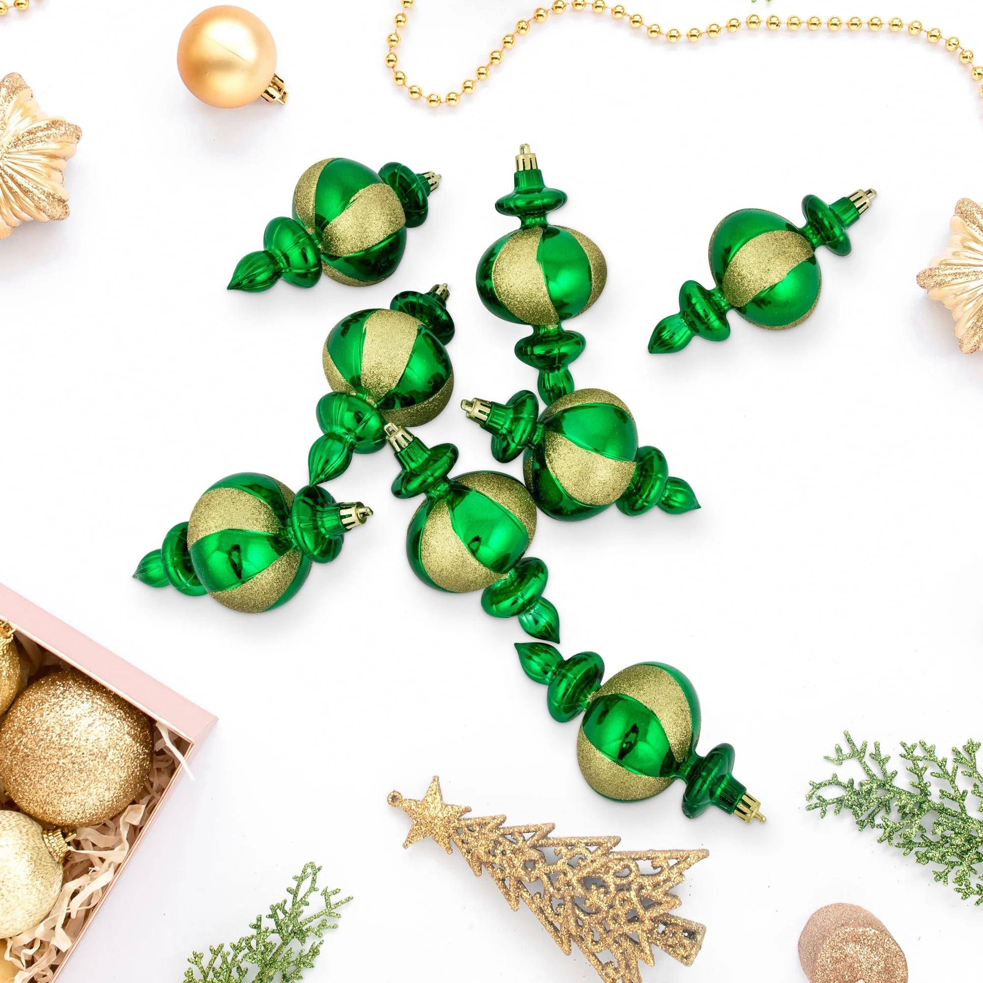 8-Count Green Shatterproof Finial Christmas Ornaments, 6