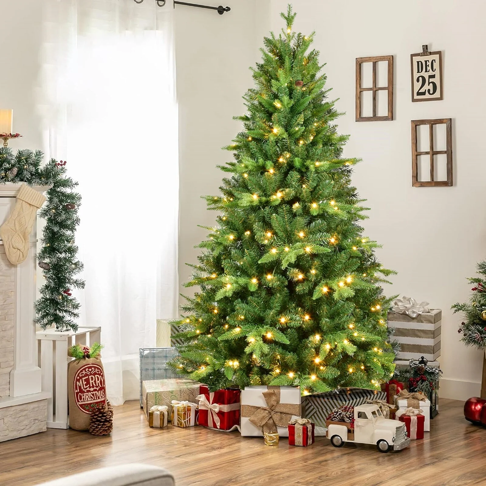 Realistic 6FT Christmas Tree with 1228 Tips, Warm White LEDs, Stable Metal Stand for Holiday Decoration, Office, Home, Party