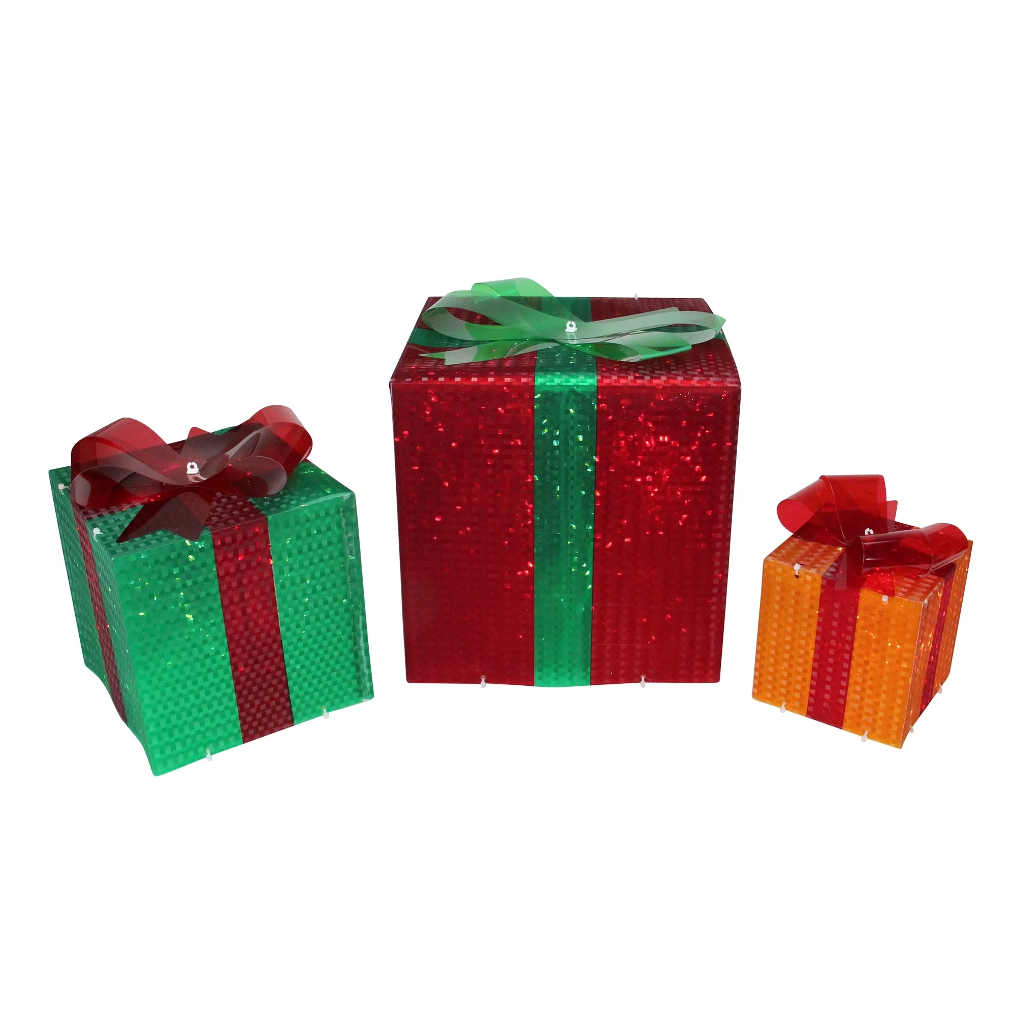 Set of 3 Lighted Glistening Gift Box Bow Outdoor Christmas Decoration - Multi