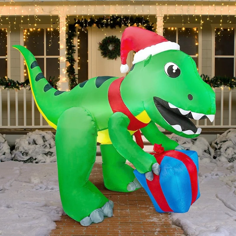Joyfy 5ft Tall Dinosaur Inflatable with LED-lit Gift Box for Outdoor Xmas Décor