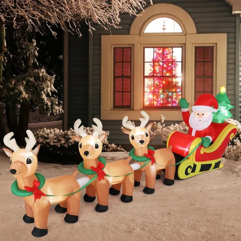 10Ft Long Blow Up Christmas Santa Claus Sleigh & Reindeer Outdoor Inlflatable Decorations - N/A