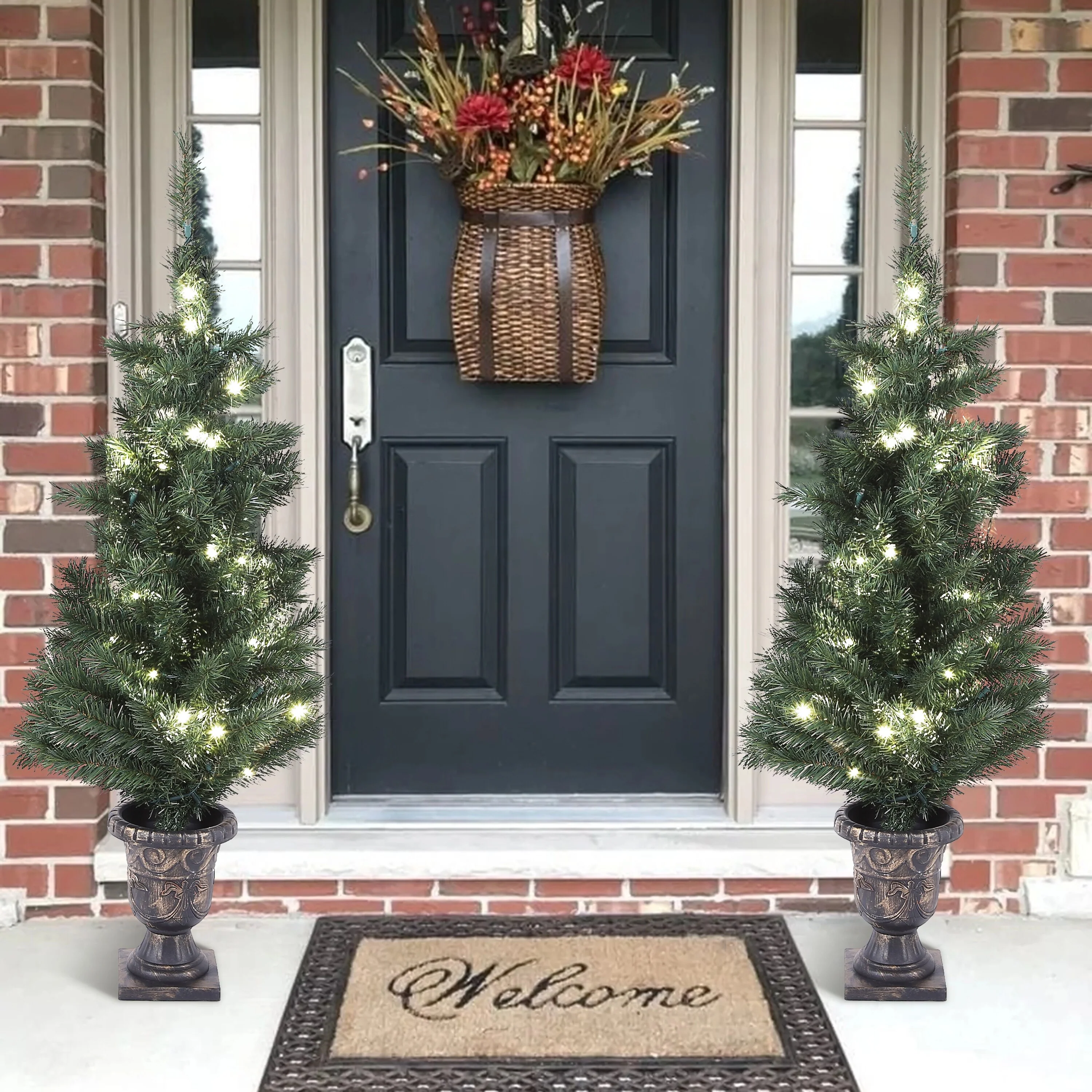 4Ft Pre-Lit LED Artificial Pine Christmas Tree with Urn Pot (Set of 2) - 47.25