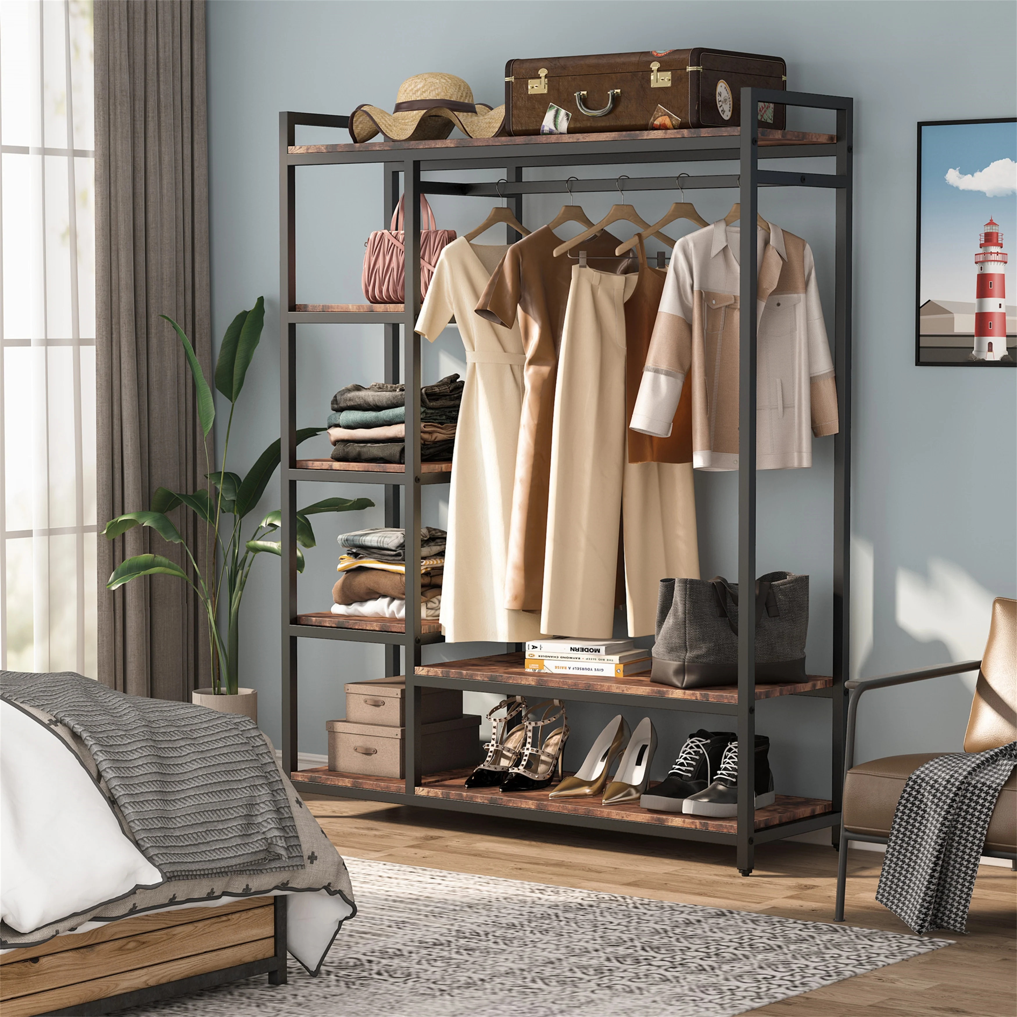 Black/ White Modern Clothes Garment Rack,Metal and Wood Closet Rack Closet Organizer System with Hanging Rod and Shelf