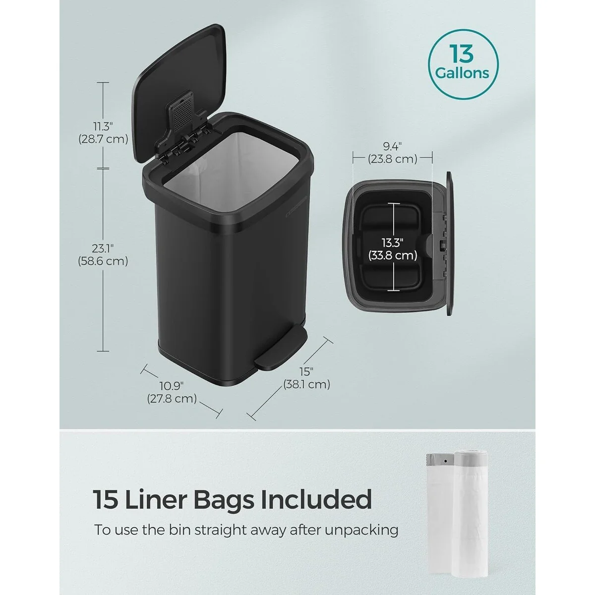 SONGMICS Kitchen Trash Can, 13-Gallon Stainless Steel Garbage Can, with Stay-Open Lid and Step-on Pedal, Soft Closure