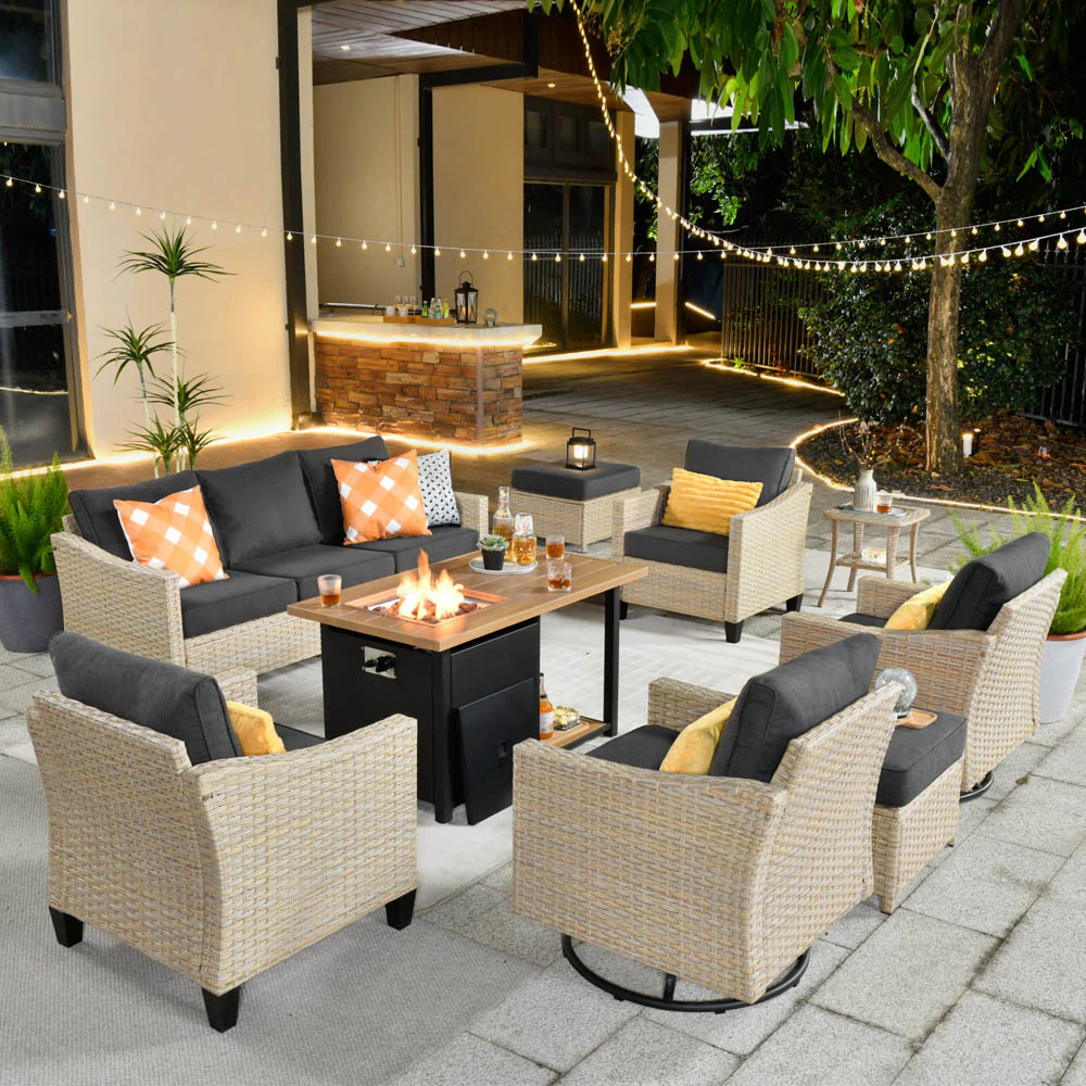 Ovios Athena Series Outdoor Patio Furniture Set 9-Piece with Swivel Chair & 46'' Double Layer Rectangle Fire Pit Table